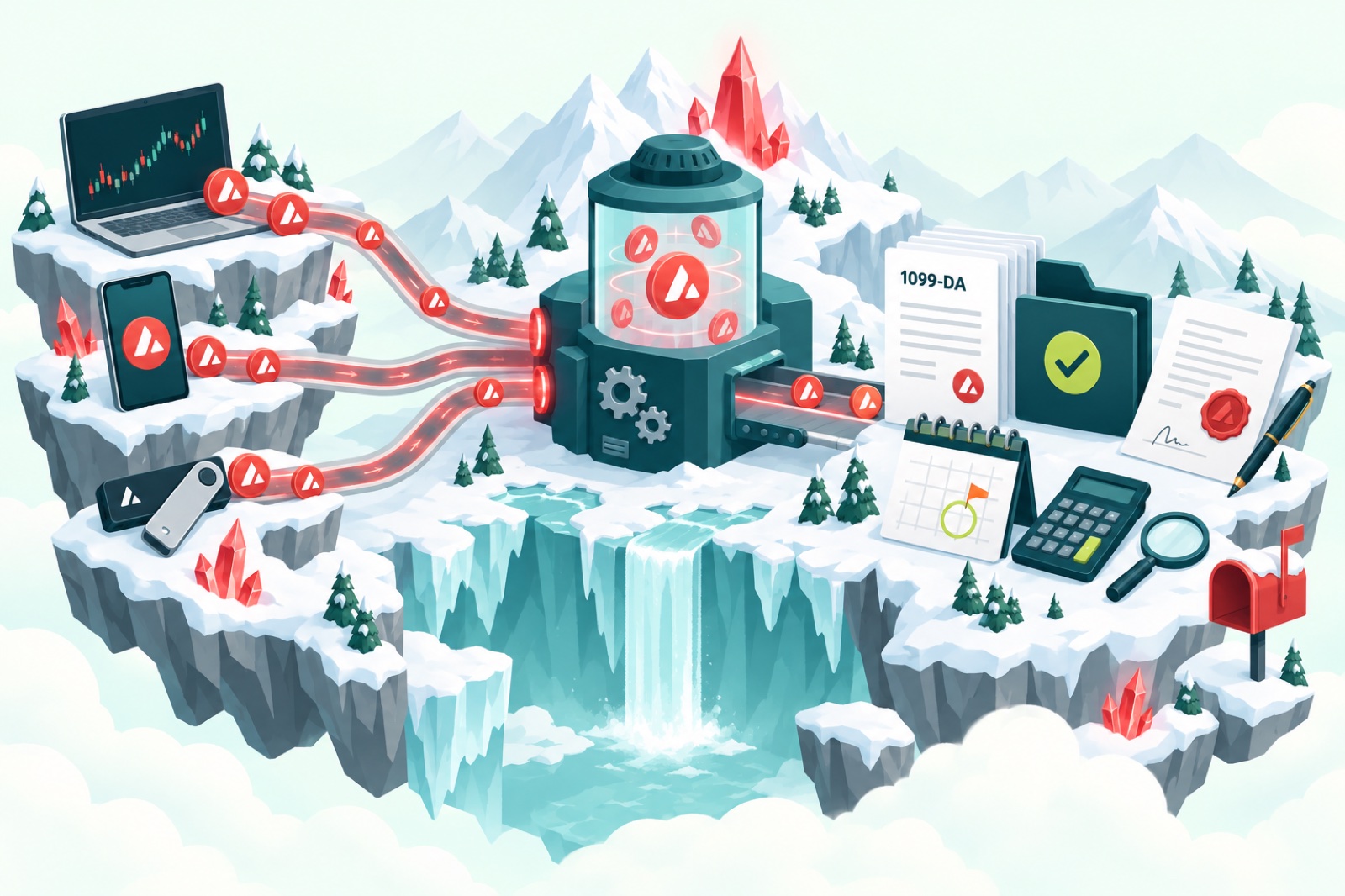 3D illustration of Avalanche coins moving through a reconciliation engine into finished tax forms, a 1099-DA, a loan agreement and a tax calendar