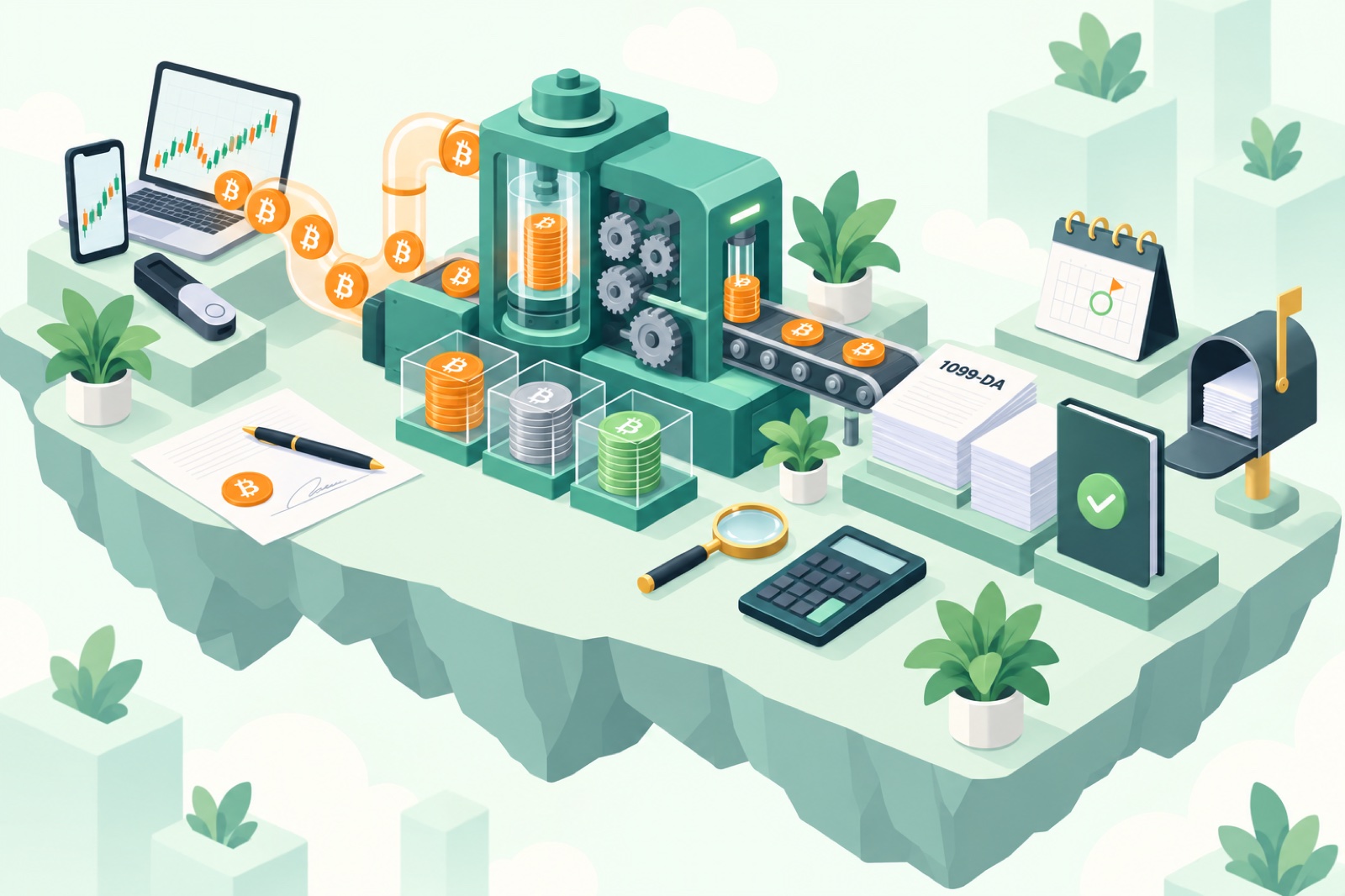 Illustration of a Bitcoin coin with capital gains and tax documents representing how BTC is taxed in 2026