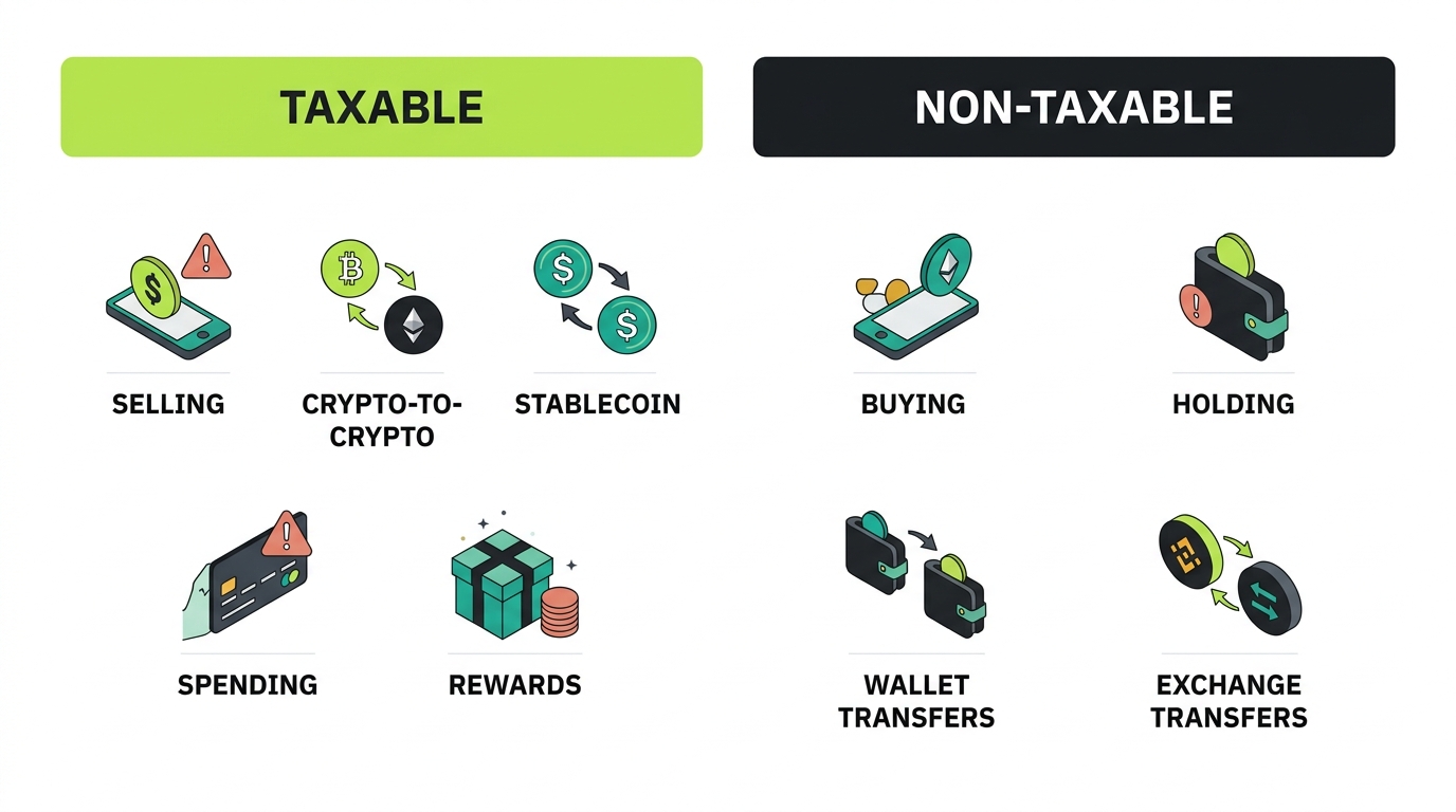 Taxable versus non-taxable events on Binance, shown in two columns: taxable includes selling, crypto-to-crypto trades, stablecoin conversions, spending, and rewards; non-taxable includes buying, holding, and transfers