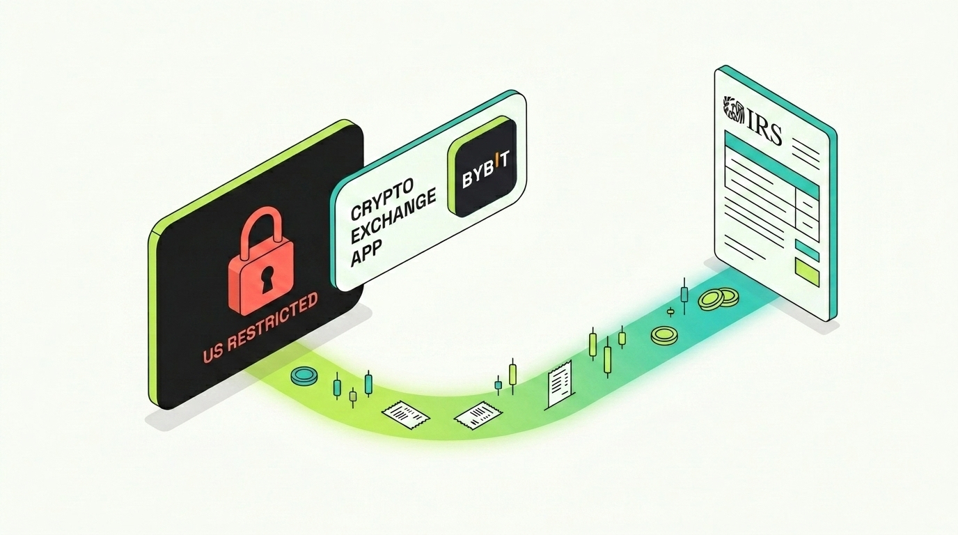 Bybit Tax Guide 2026: Bybit restricted to US users with a padlock, while a glowing trail of past transactions still leads to an IRS document