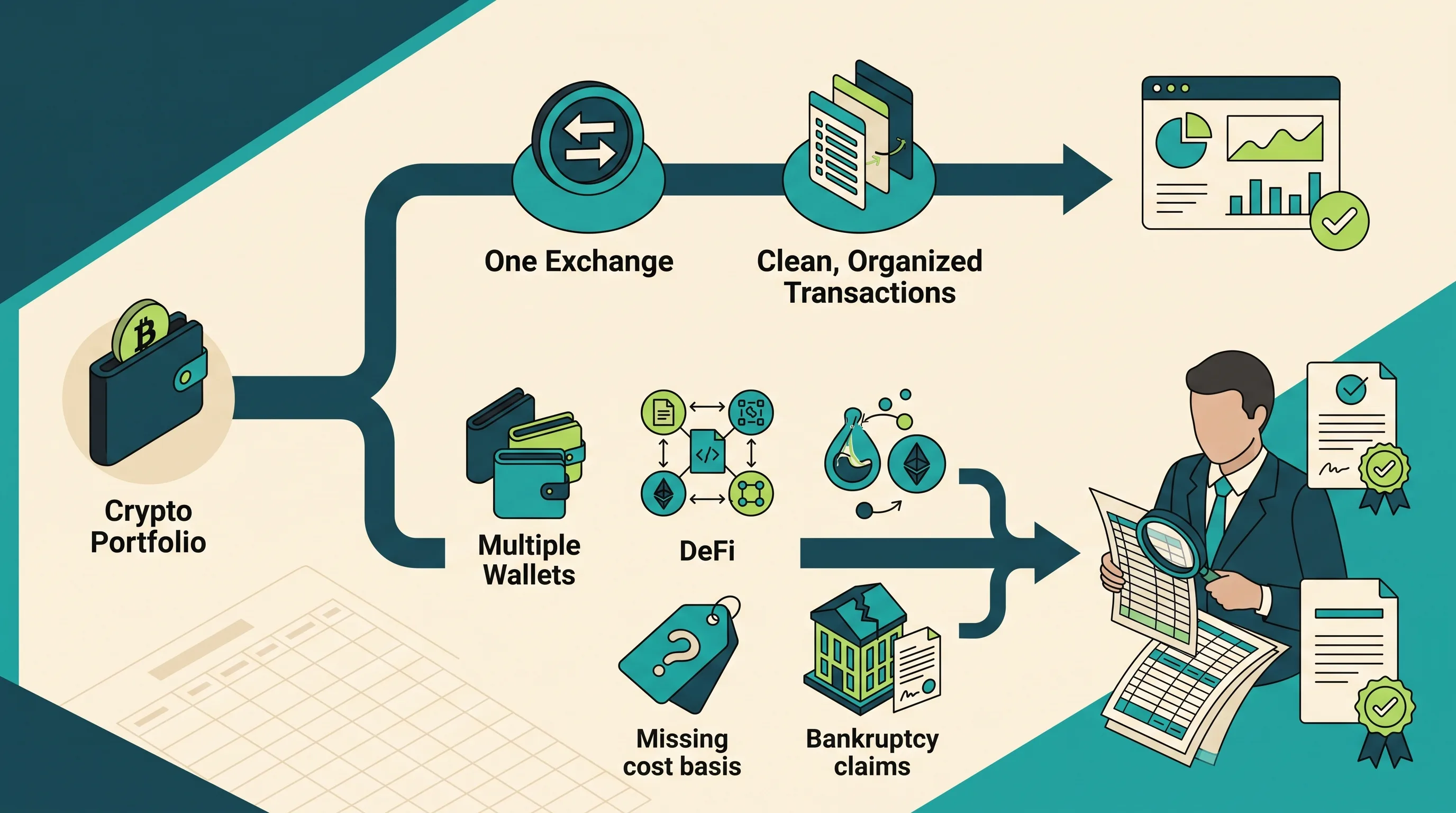 Decision path from simple exchange activity to complex multi-wallet and DeFi reconciliation