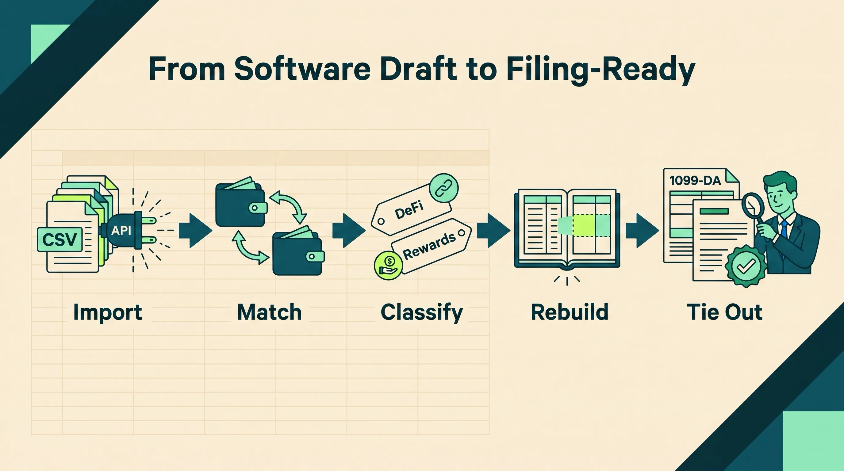 Five-step workflow from software import through verified filing-ready reports