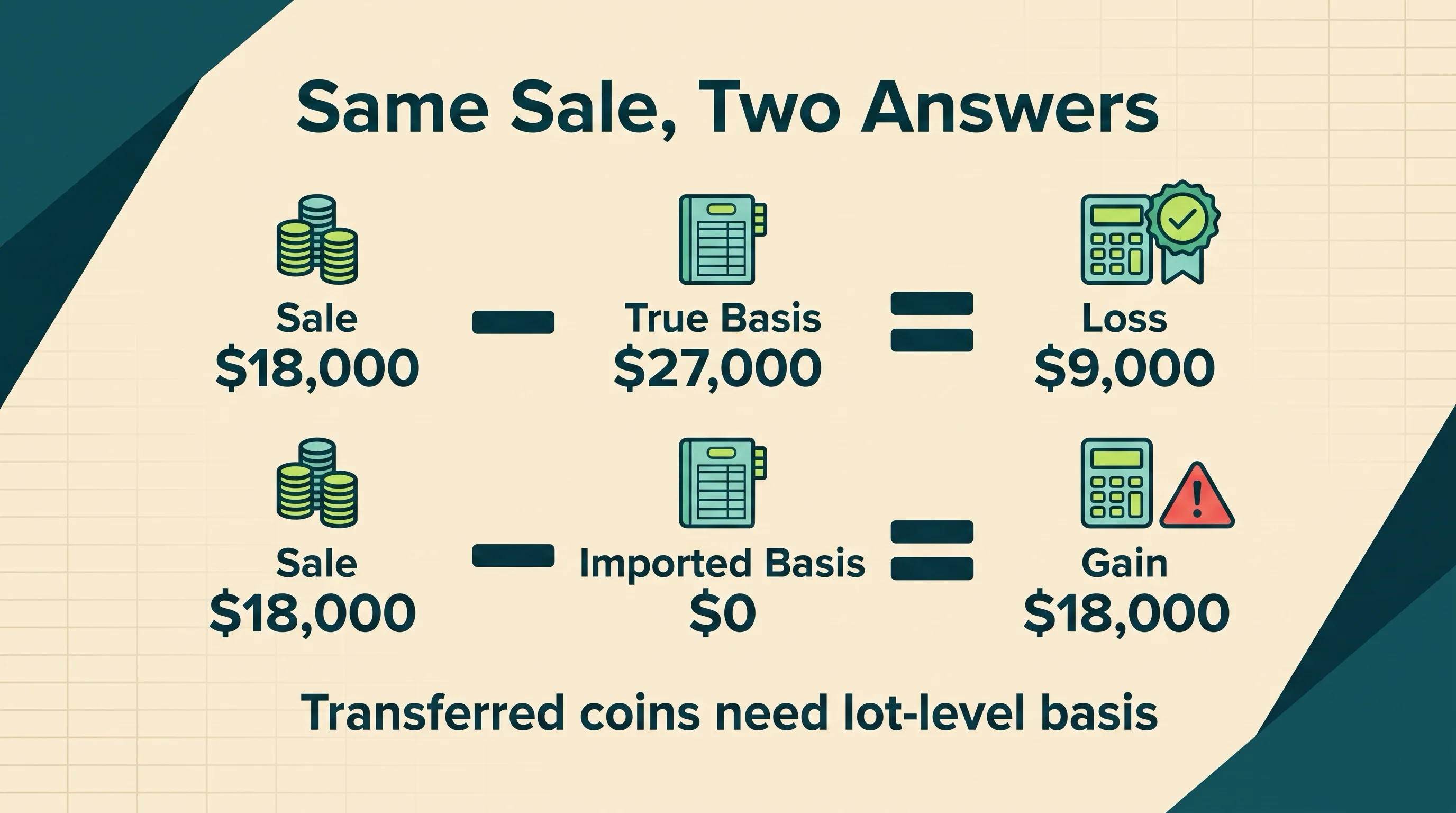 Worked example showing how correct basis creates a $9,000 loss while zero basis creates a false $18,000 gain