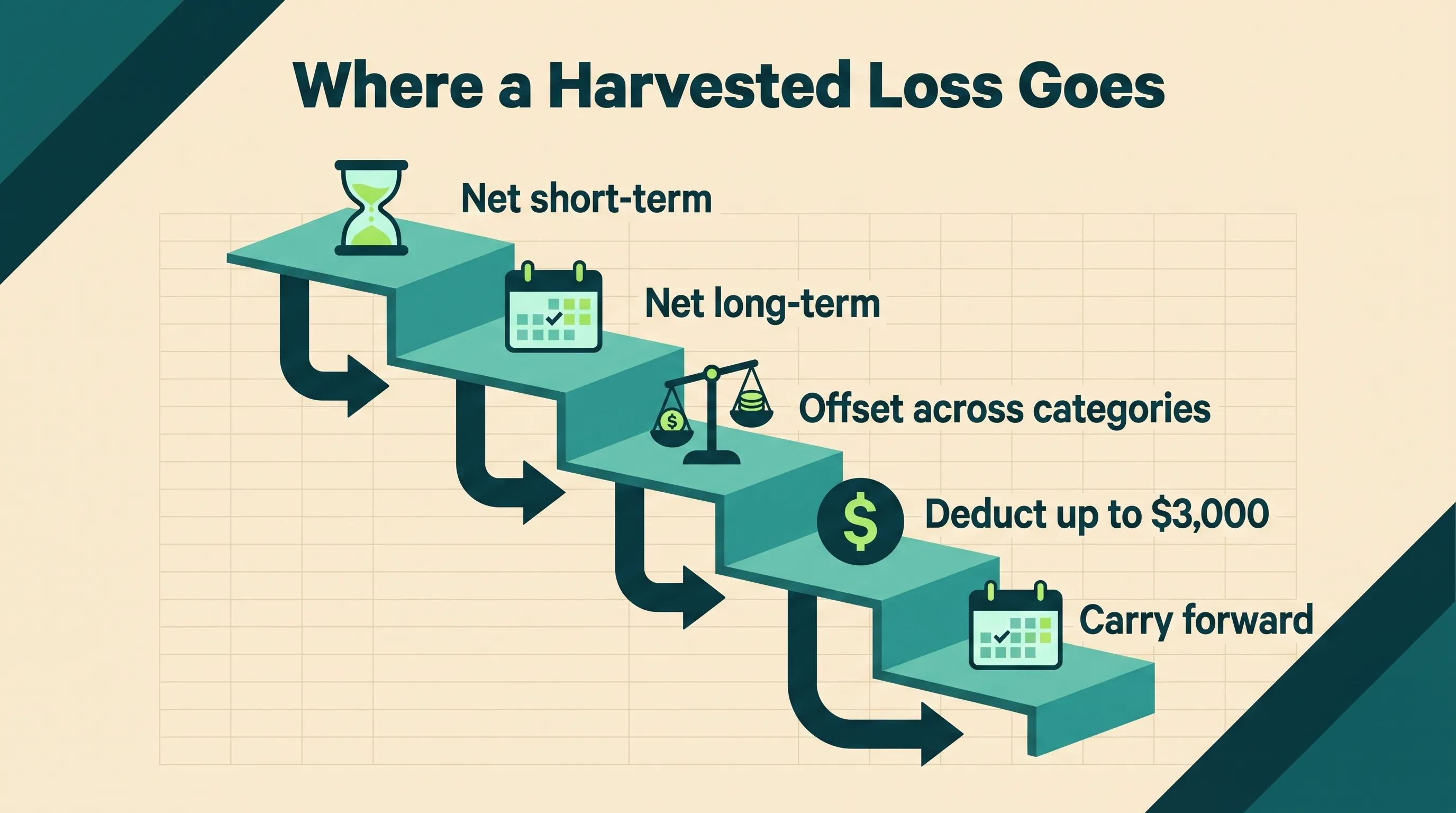 Capital loss waterfall from category netting through the $3,000 deduction and future-year carryforward