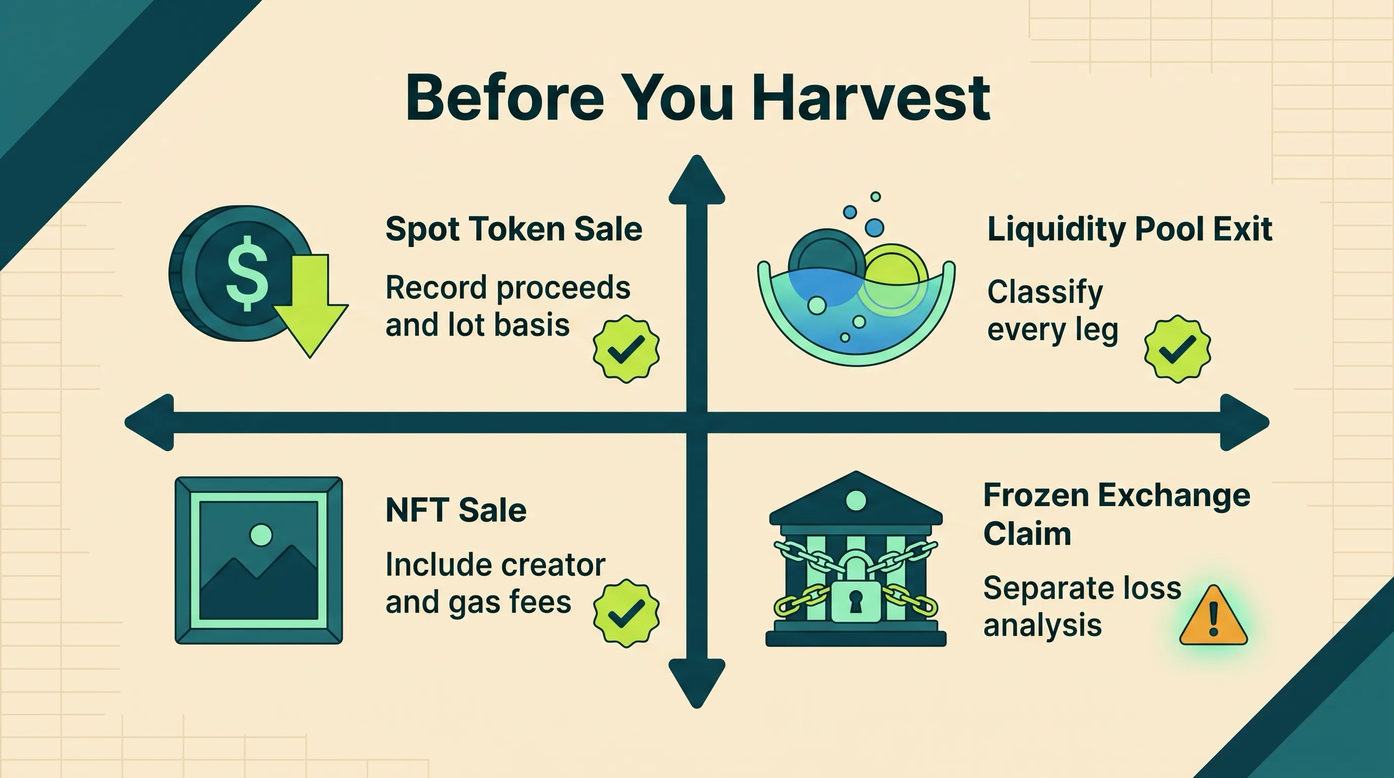 Matrix showing the evidence needed for spot tokens, liquidity pools, NFTs, and frozen exchange claims