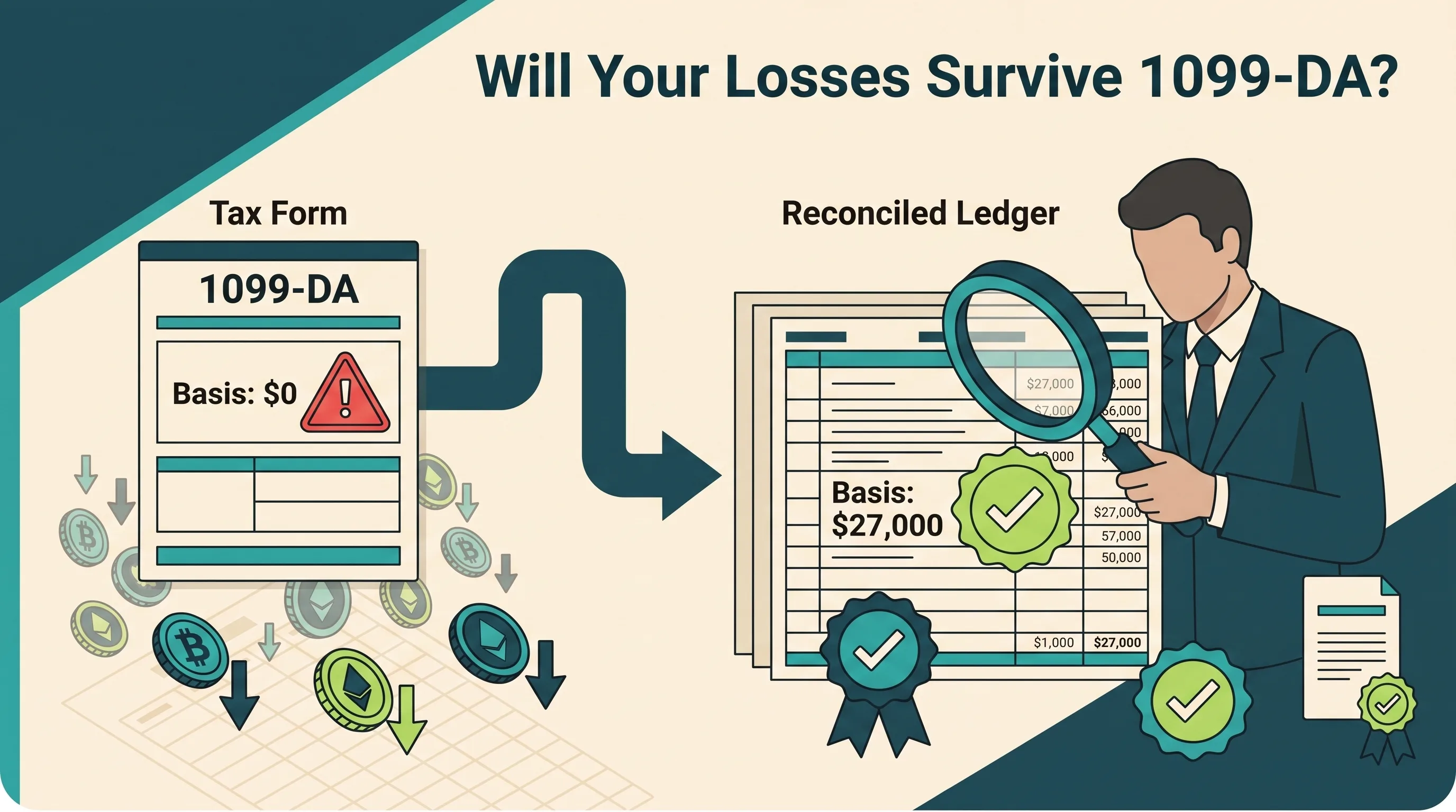 Harvested crypto losses reconciled with Form 1099-DA and lot-level cost basis