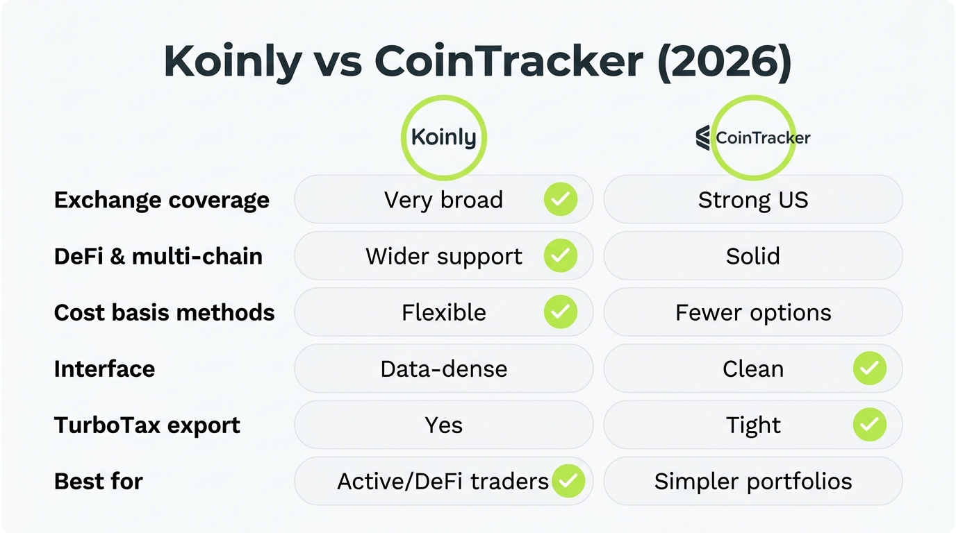 Comparison table graphic of Koinly versus CoinTracker across exchange support, DeFi coverage, cost basis methods, interface, TurboTax export, and pricing model