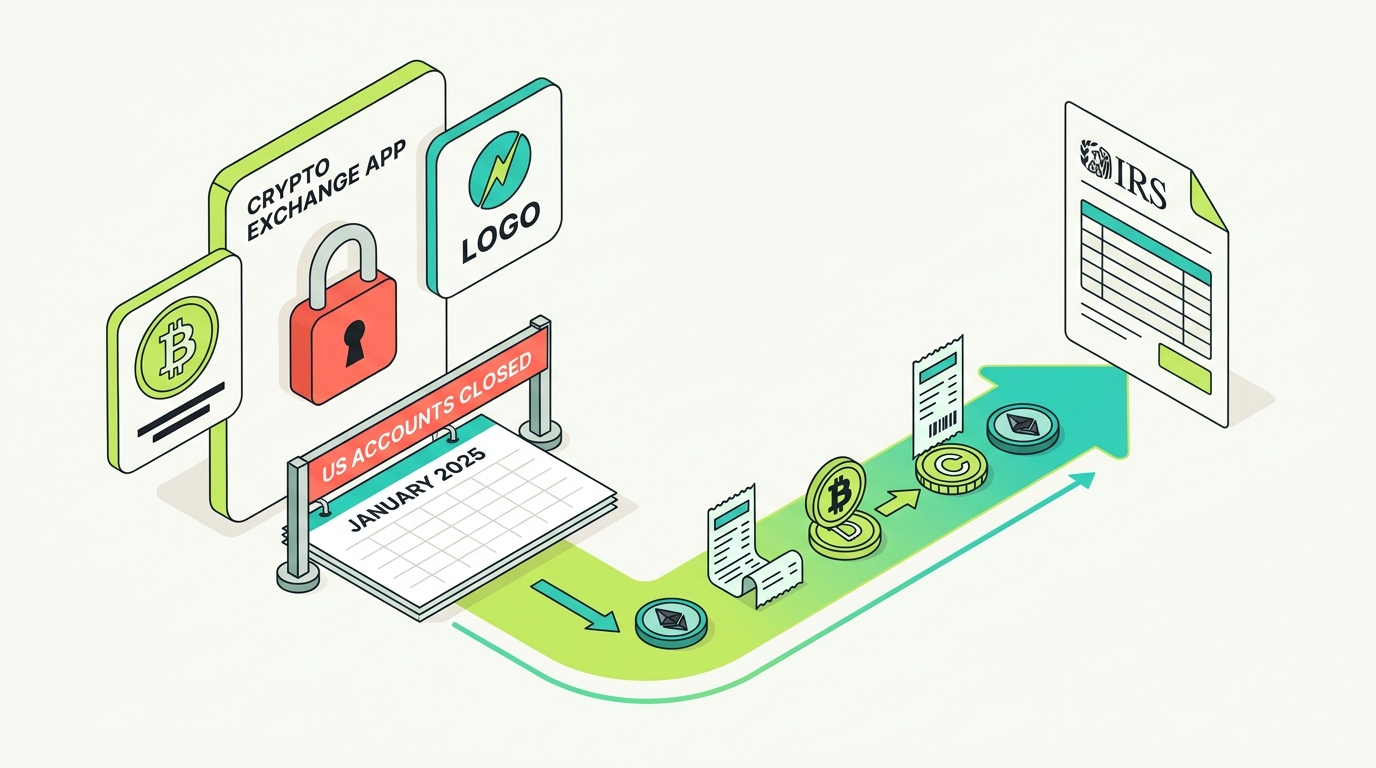 Count On Sheep | KuCoin Tax Guide 2026 hero illustration showing KuCoin closed to US users while the historical tax trail stays open to the IRS