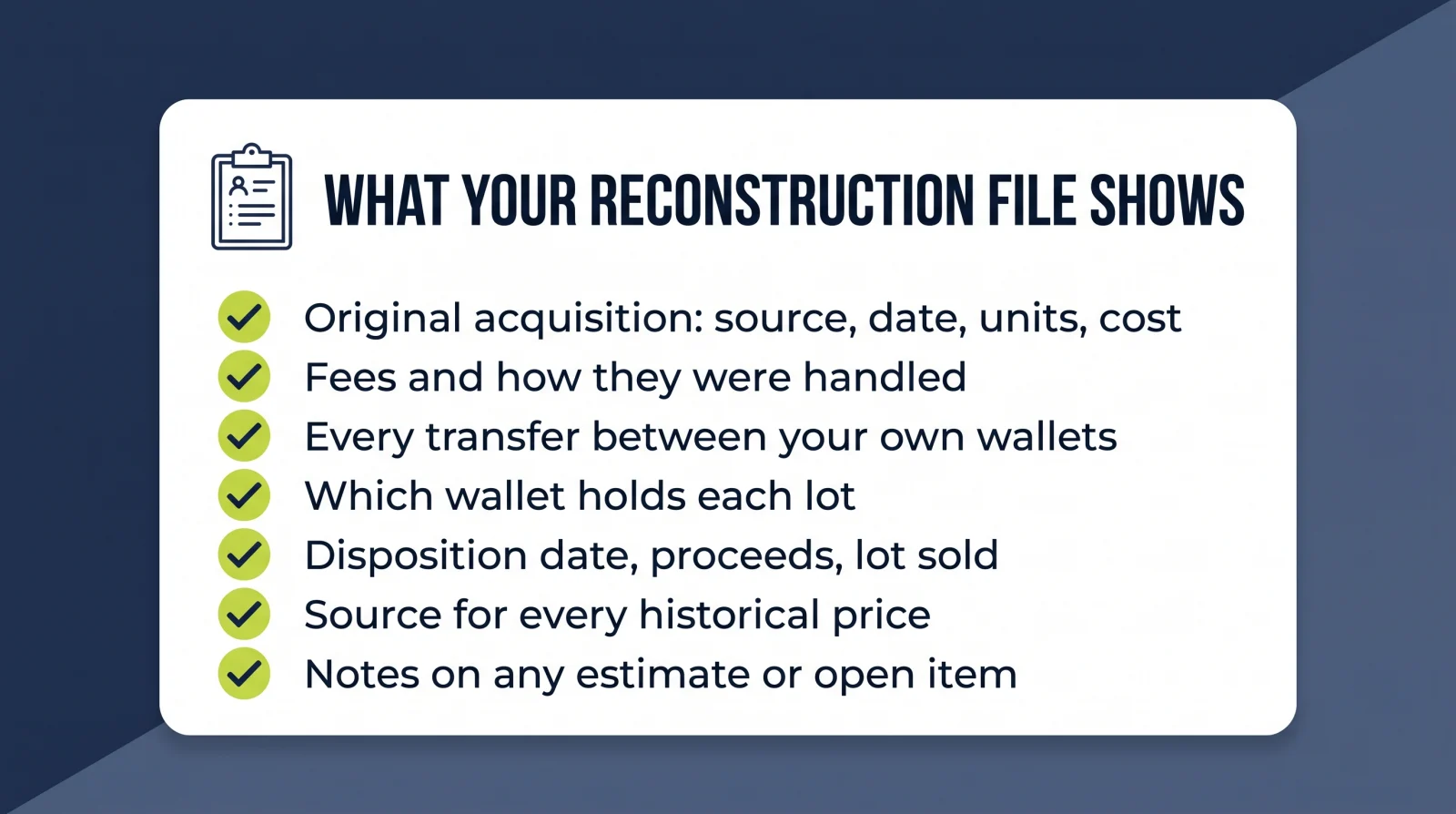 Seven items a defensible cost basis reconstruction file should show