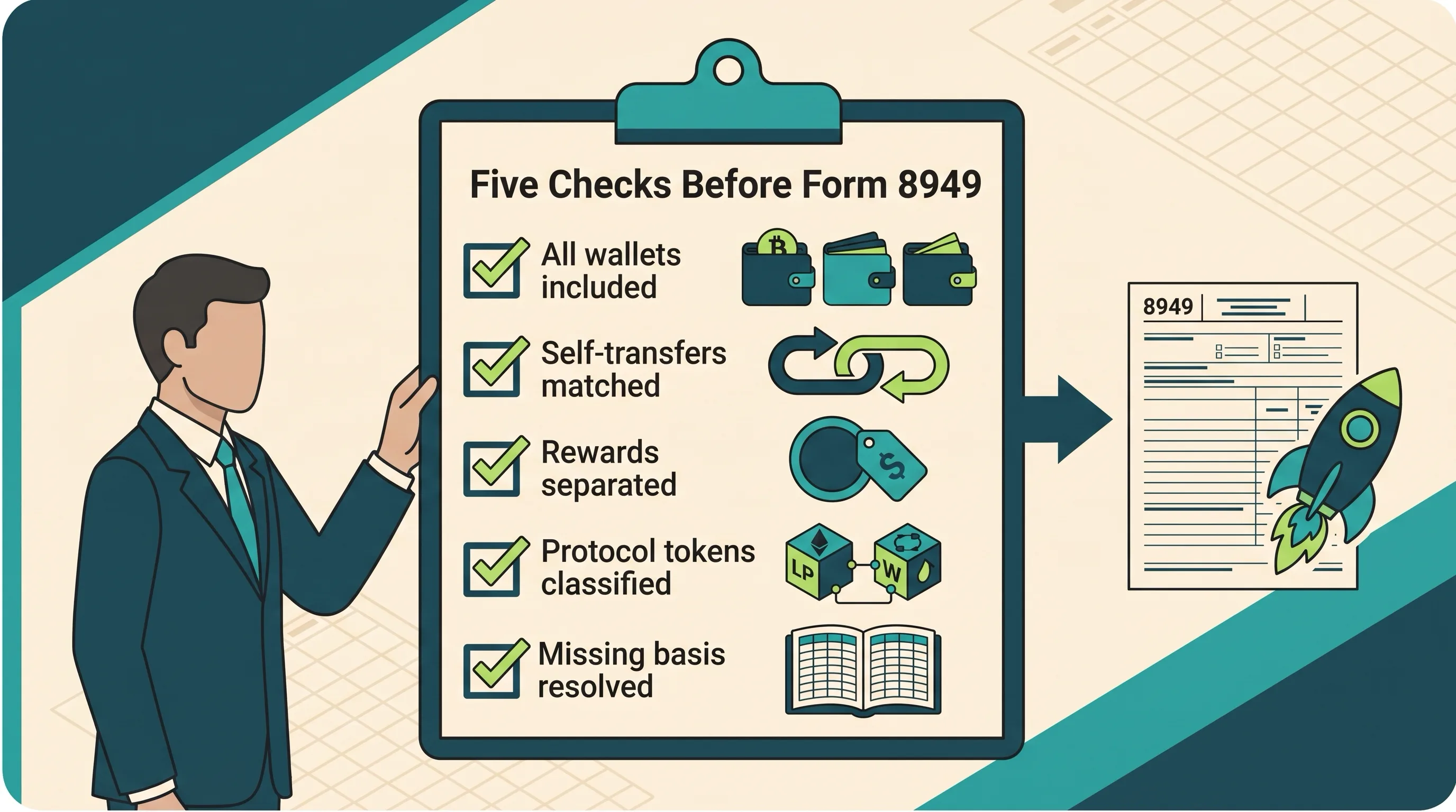 Five-check preflight before Form 8949: all wallets included, self-transfers matched, rewards separated, protocol tokens classified, missing basis resolved