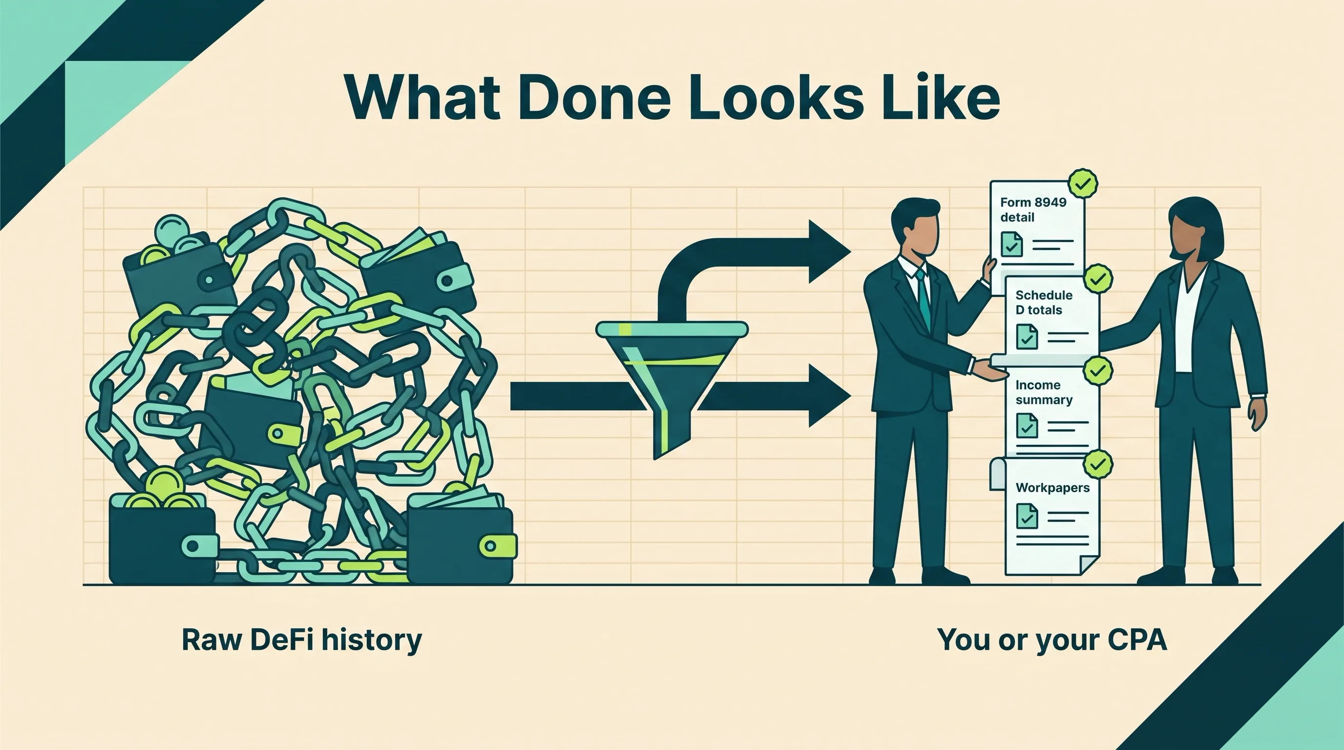 Raw DeFi history funneled into Form 8949 detail, Schedule D totals, income summary, and workpapers handed to you or your CPA
