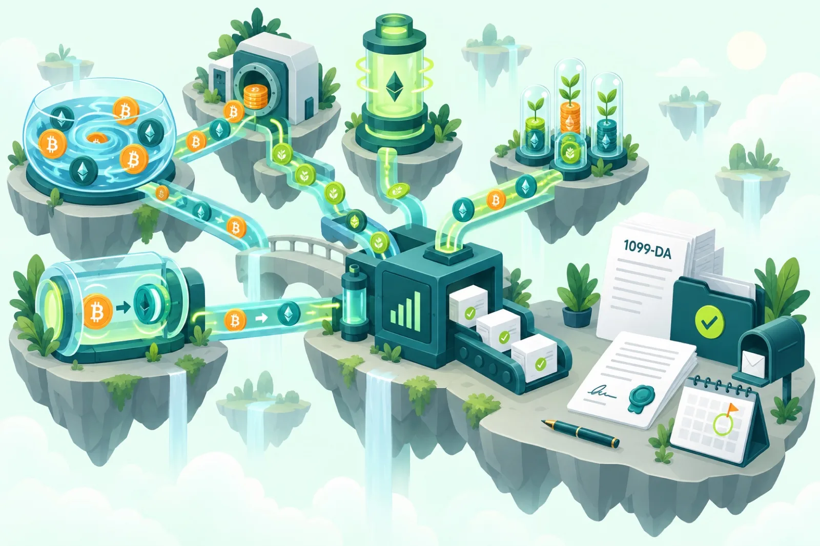 Illustration of DeFi activity, including a liquidity pool, lending vault, staking tower and swaps, flowing into tax reconciliation and Form 1099-DA