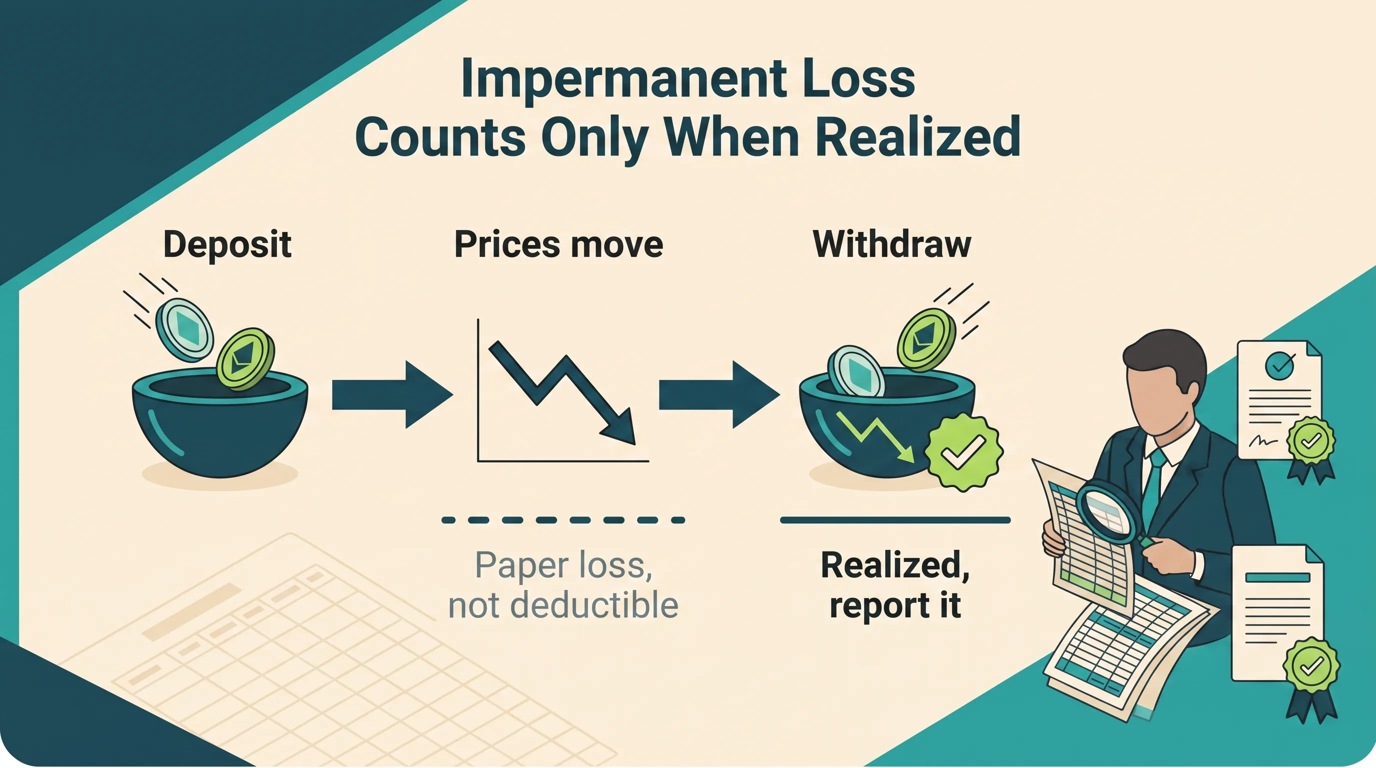 Timeline from pool deposit through price movement to withdrawal showing impermanent loss is a paper loss until realized