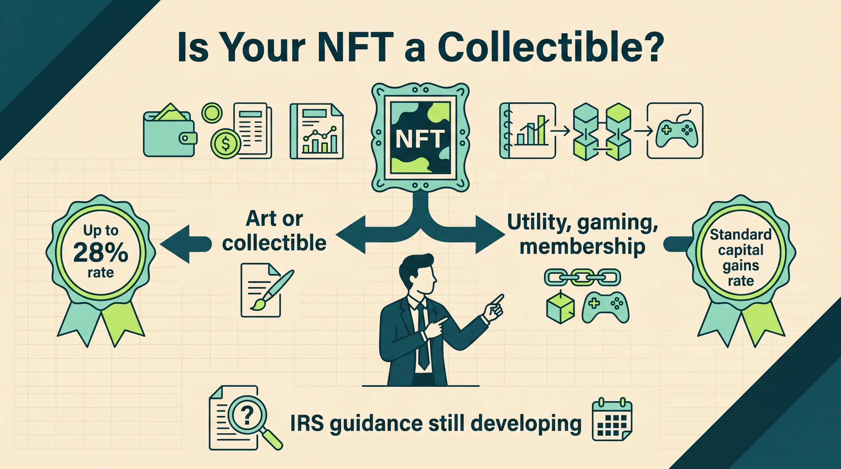 Decision graphic showing art or collectible NFTs at up to a 28 percent rate versus utility NFTs at standard capital gains rates