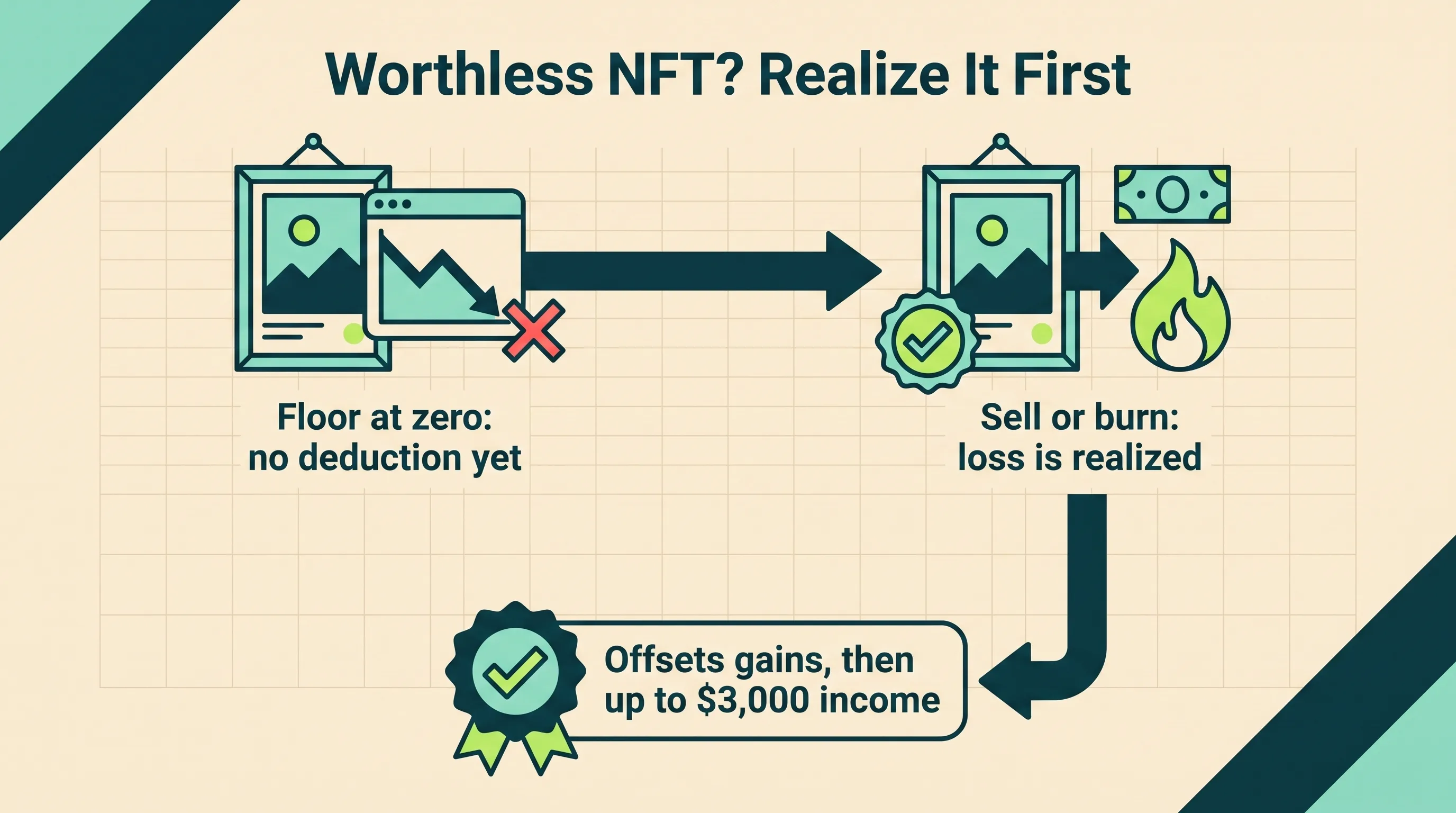 Worthless NFT rule: a floor price at zero is not deductible until the NFT is sold or burned, then the loss offsets gains and up to $3,000 of income