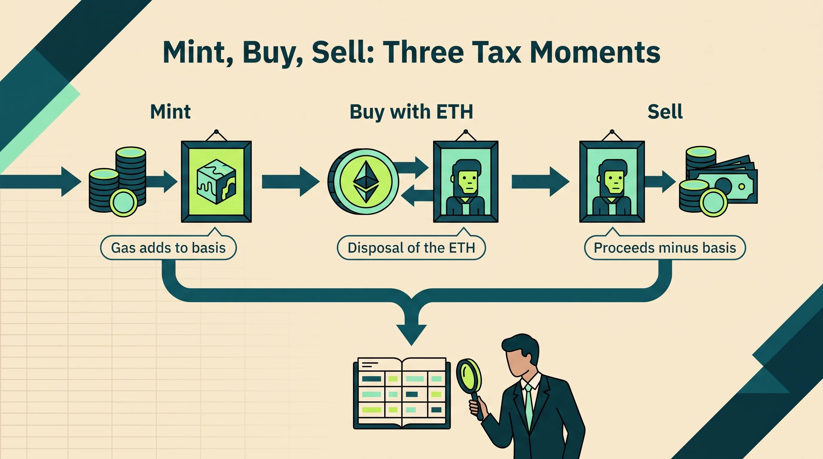 Three NFT tax moments: minting adds gas to basis, buying with ETH disposes of the ETH, selling reports proceeds minus basis