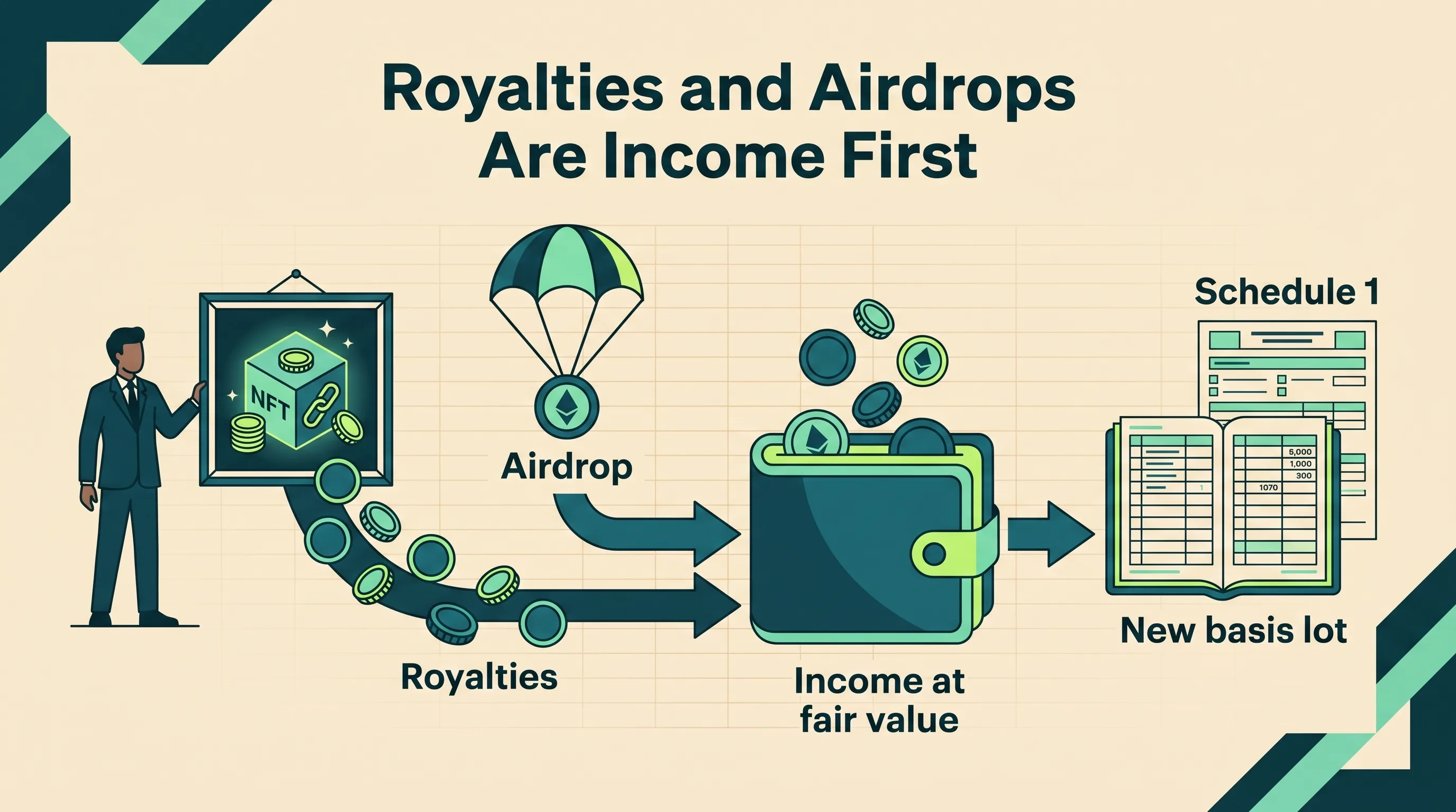 NFT royalties and airdrops flow into a wallet as income at fair value, then create a new basis lot reported on Schedule 1