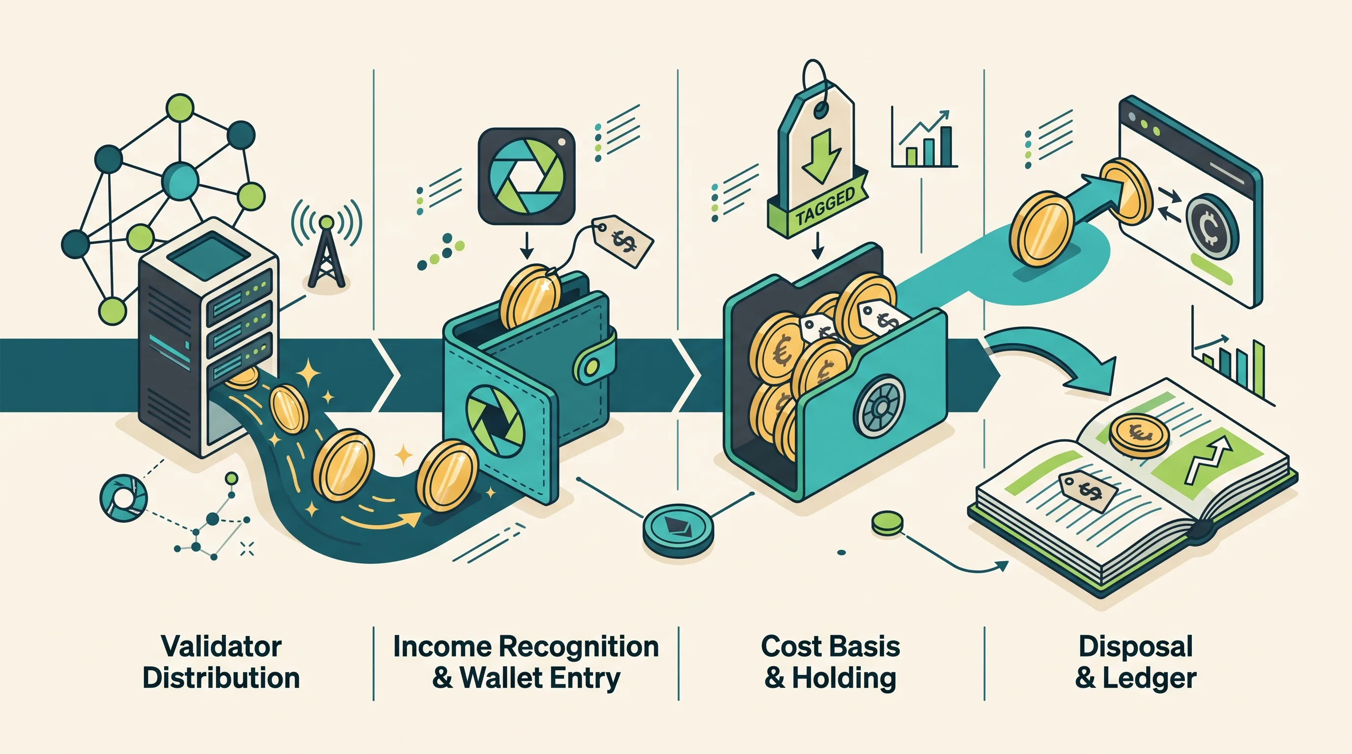 Staking reward flow from validator distribution to income recognition, cost basis and holding, then disposal