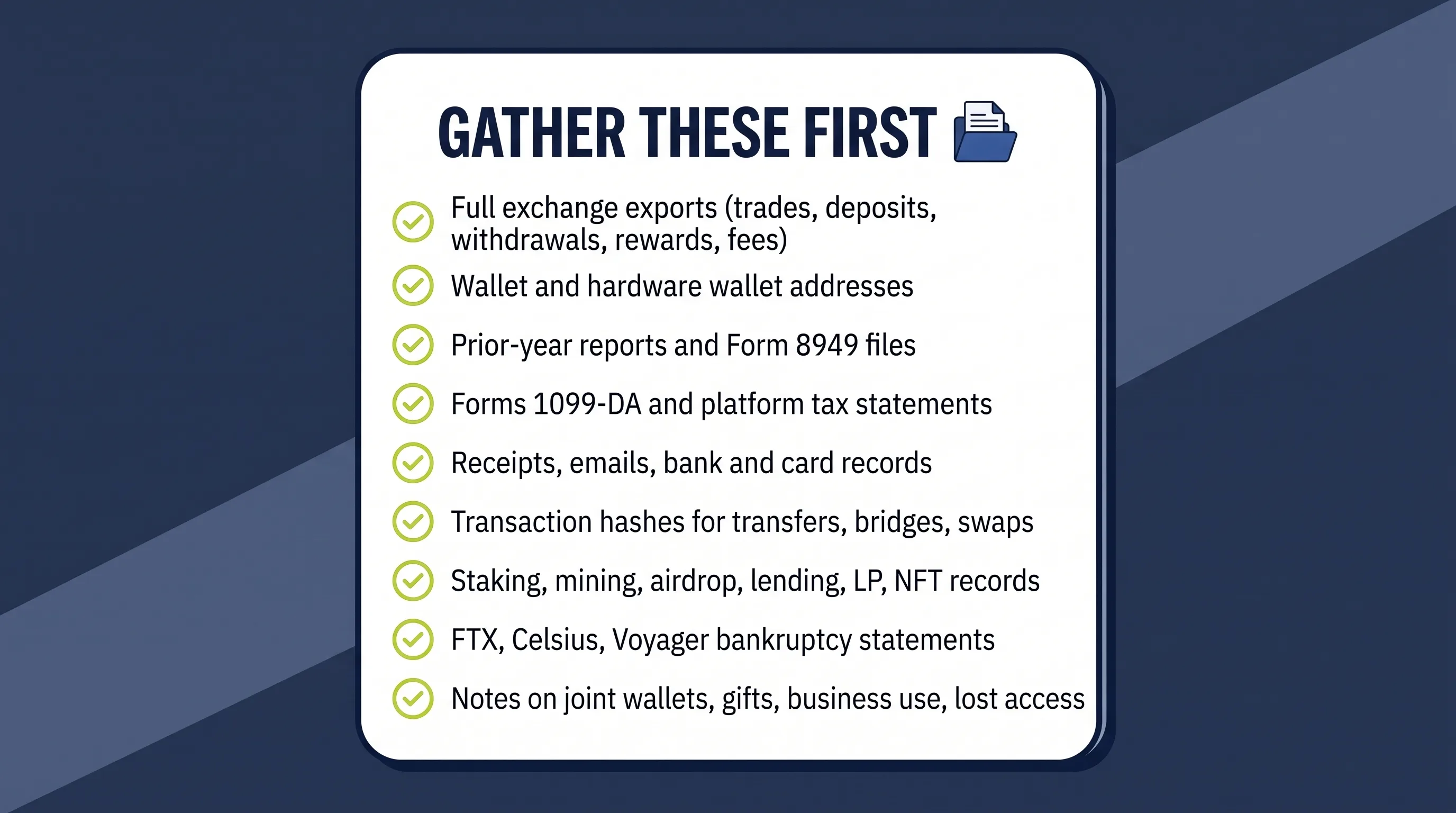 Checklist of the nine record types to gather before organizing crypto transactions for tax season