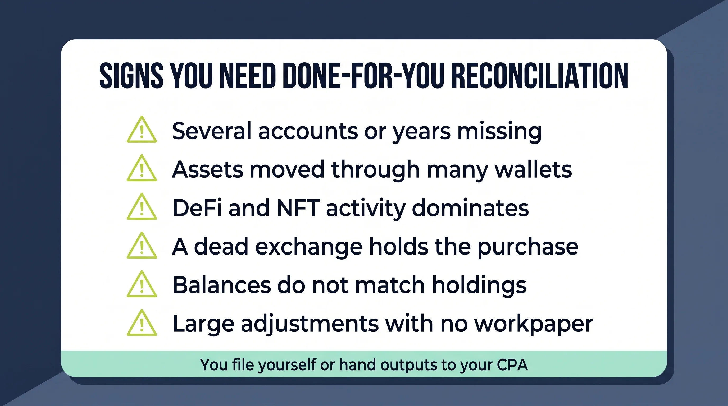 Six signs a crypto portfolio needs done-for-you reconciliation