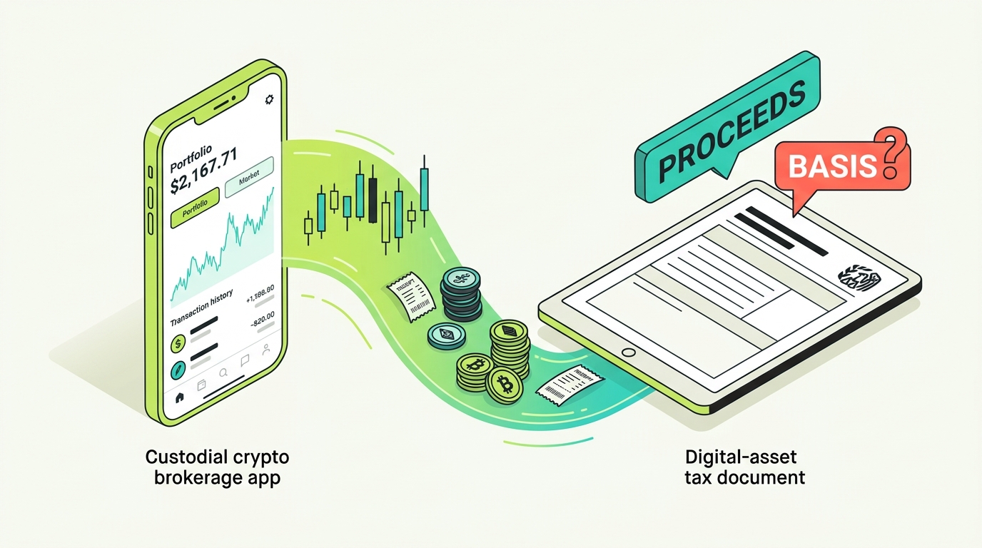 Robinhood Crypto Tax Guide 2026 hero illustration: a custodial crypto brokerage app emits a trail of trading activity toward a digital-asset tax form, with a teal PROCEEDS label and a coral BASIS question mark showing the broker reports proceeds but may not know basis