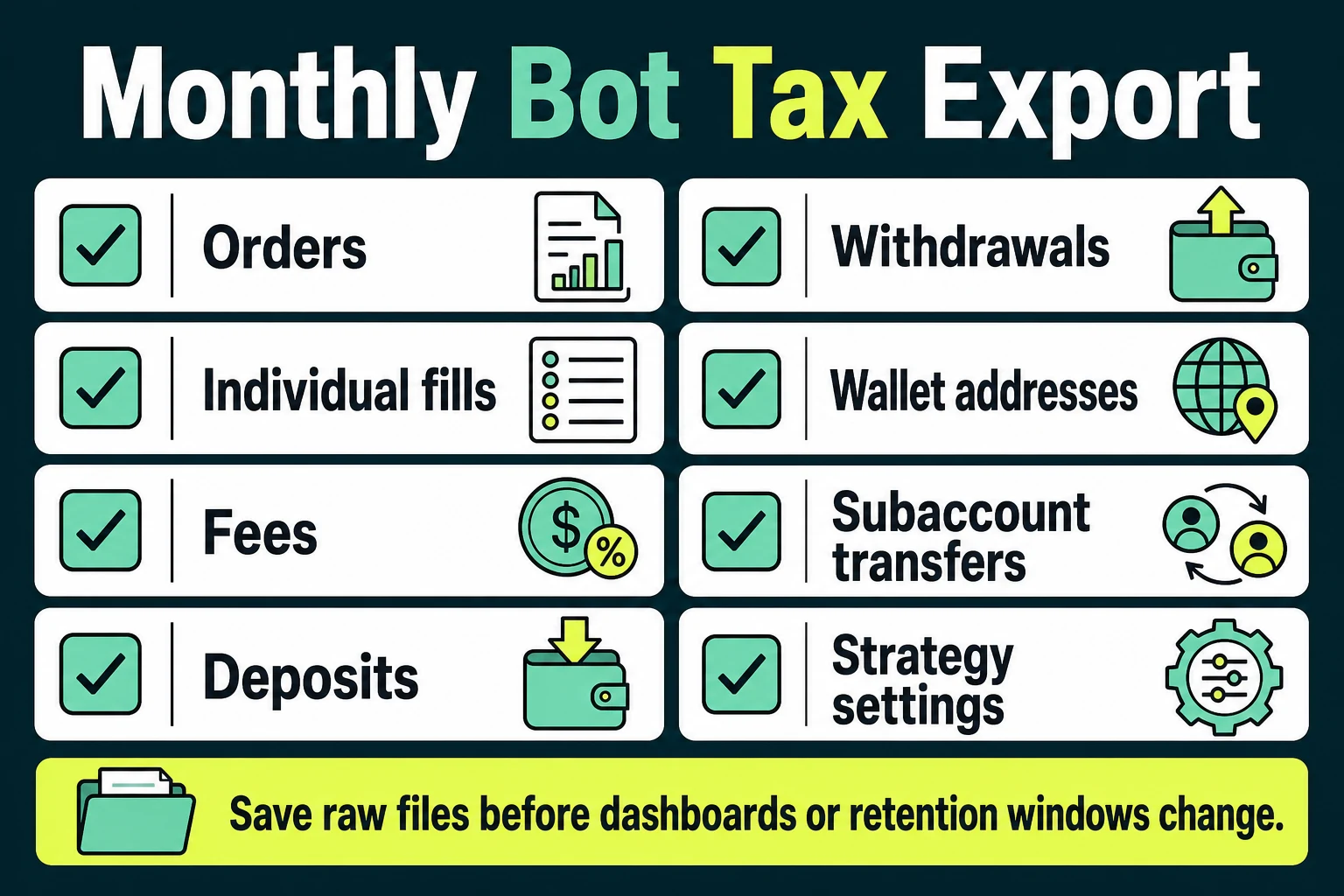 Monthly crypto bot tax export checklist for orders, fills, fees, transfers, wallets, and strategy settings