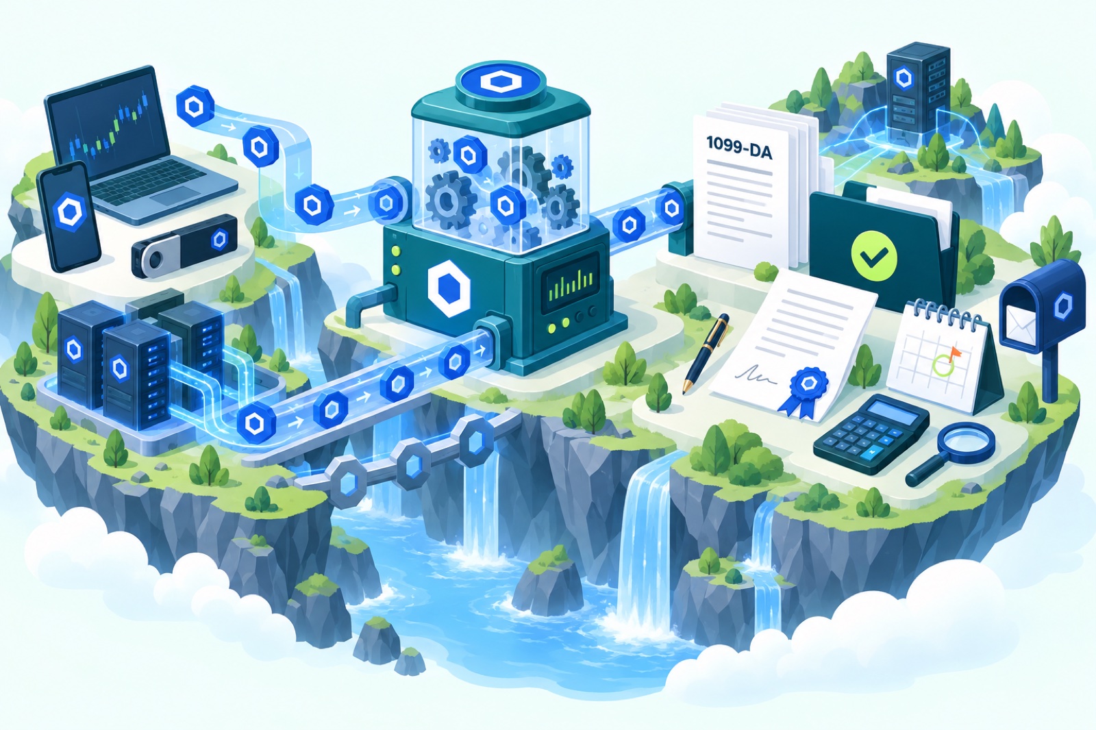 3D illustration of Chainlink coins moving through a reconciliation engine into finished tax forms, a 1099-DA, a loan agreement and a tax calendar