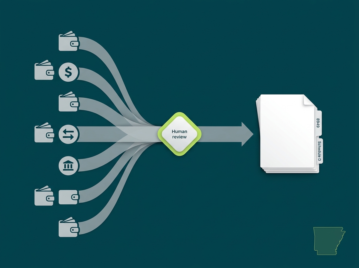 Arkansas crypto tax service specialist flow illustration