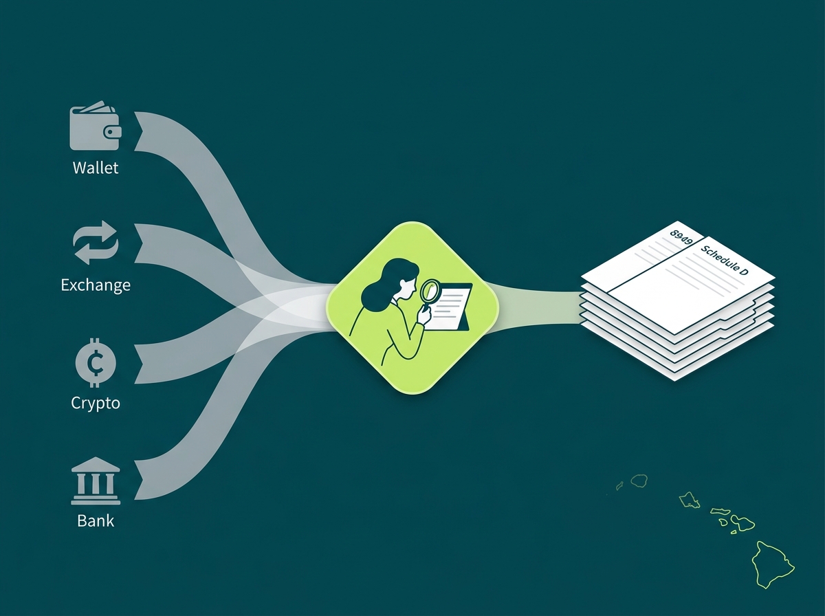 Hawaii crypto tax service specialist flow illustration