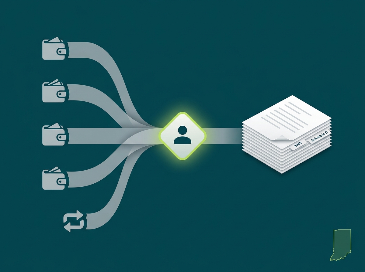 Indiana crypto tax service specialist flow illustration