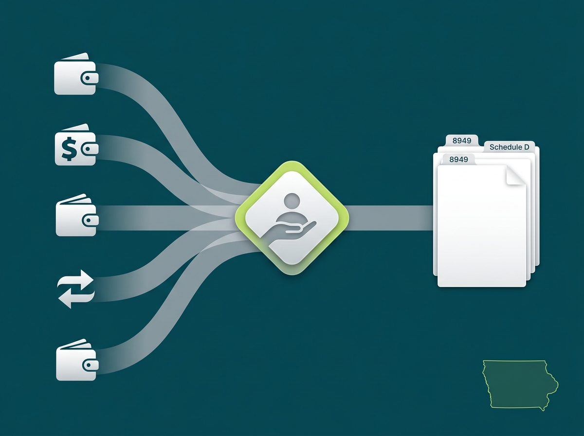 Iowa crypto tax service specialist flow illustration