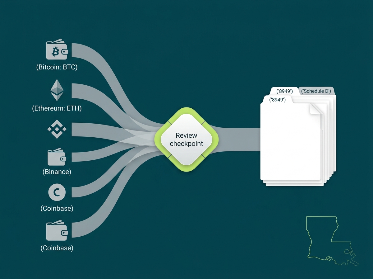 Louisiana crypto tax service specialist flow illustration