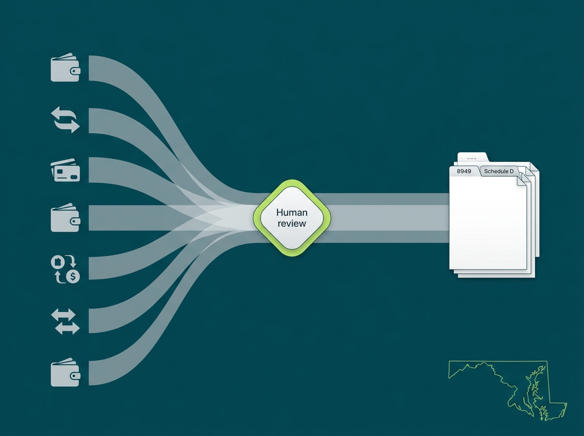 Maryland crypto tax service specialist flow illustration