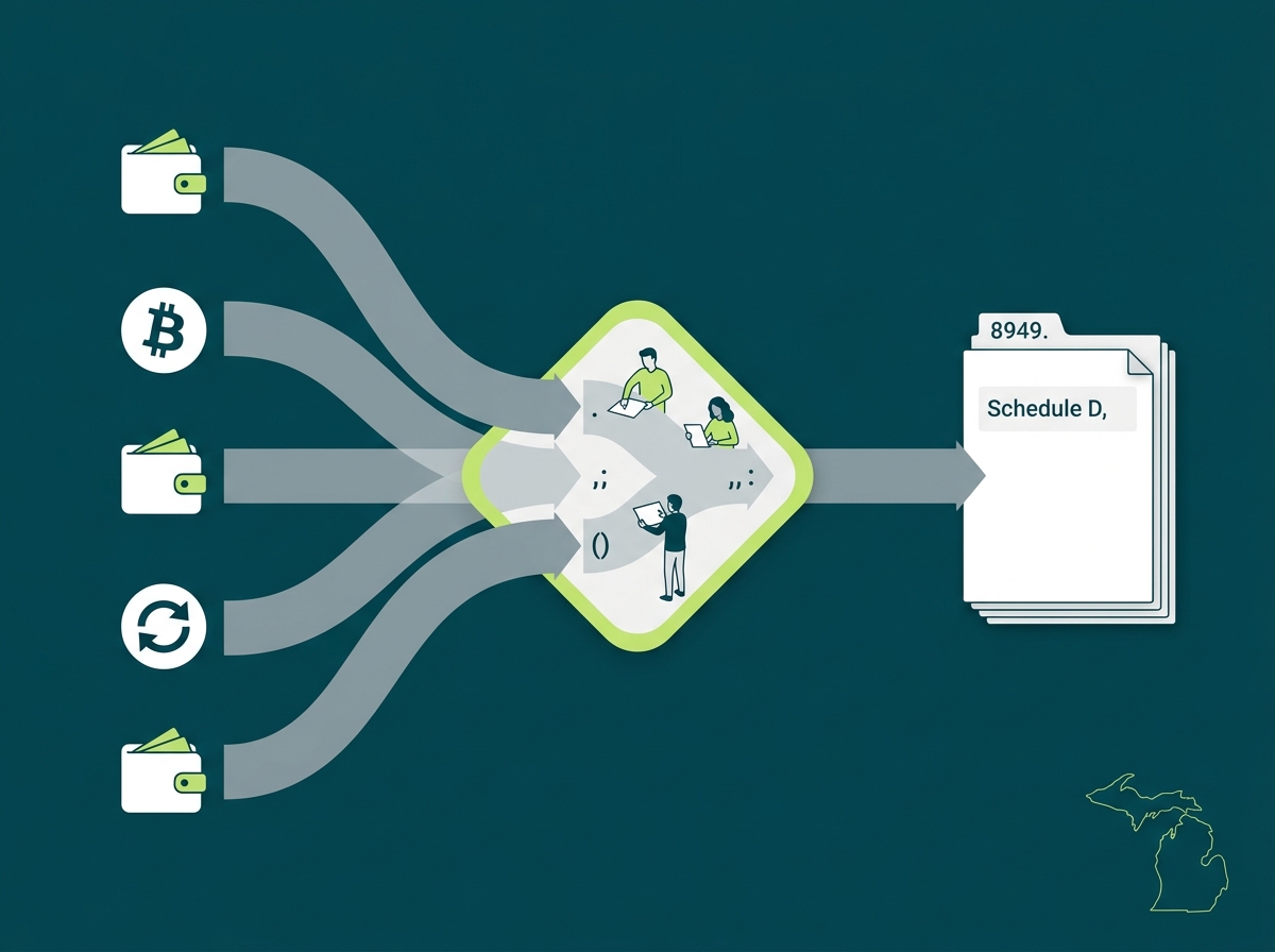 Michigan crypto tax service specialist flow illustration
