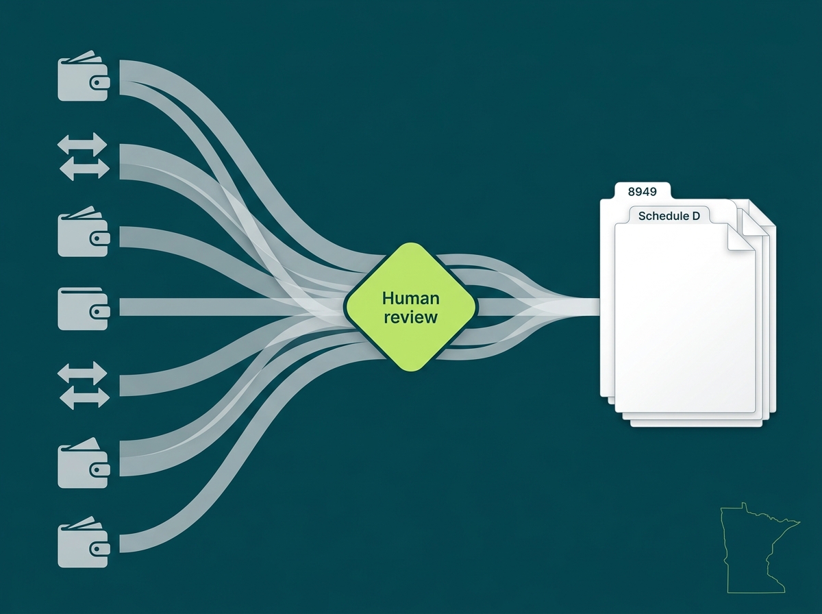 Minnesota crypto tax service specialist flow illustration