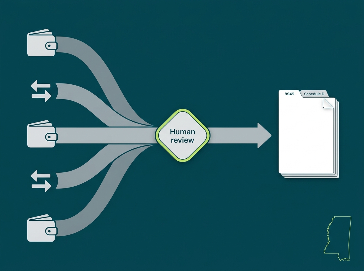 Mississippi crypto tax service specialist flow illustration