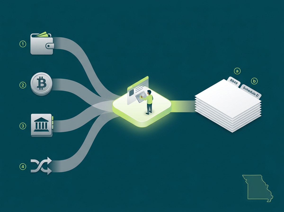 Missouri crypto tax service specialist flow illustration