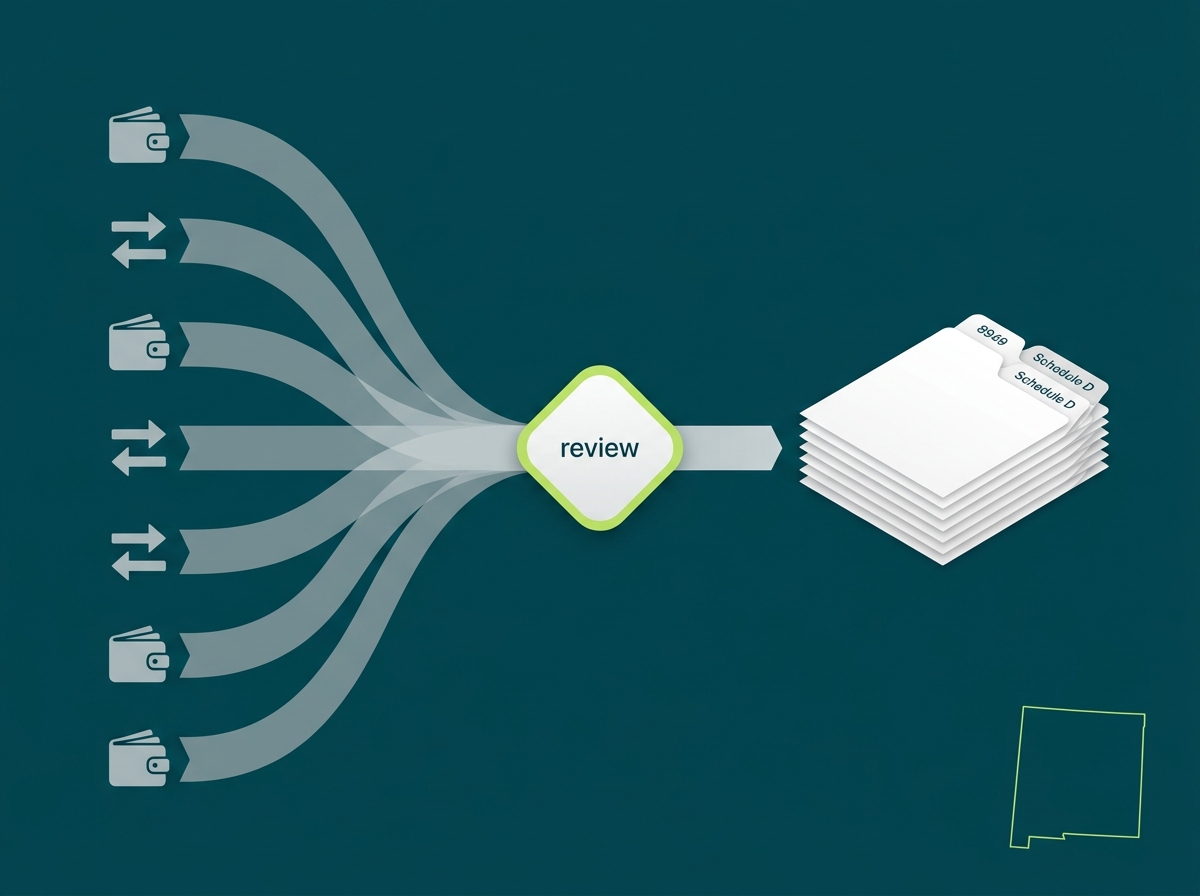 New Mexico crypto tax service specialist flow illustration