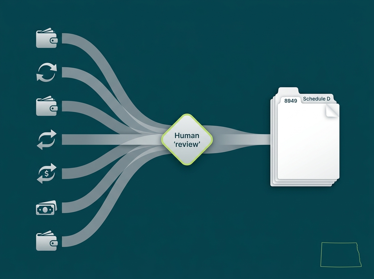 North Dakota crypto tax service specialist flow illustration