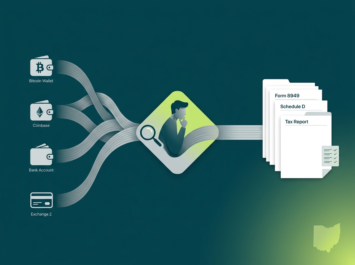 Ohio crypto tax service specialist flow illustration