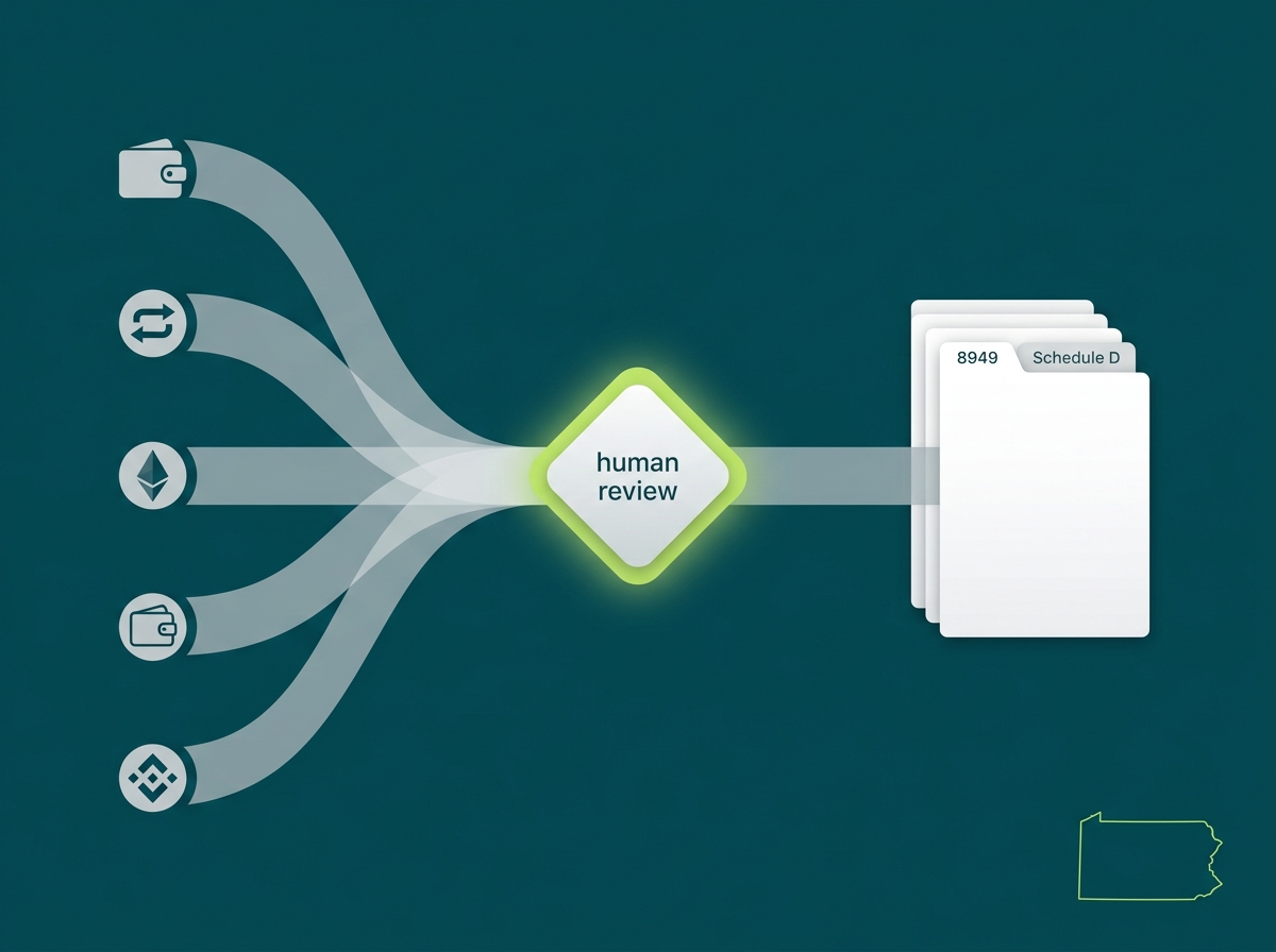 Pennsylvania crypto tax service specialist flow illustration
