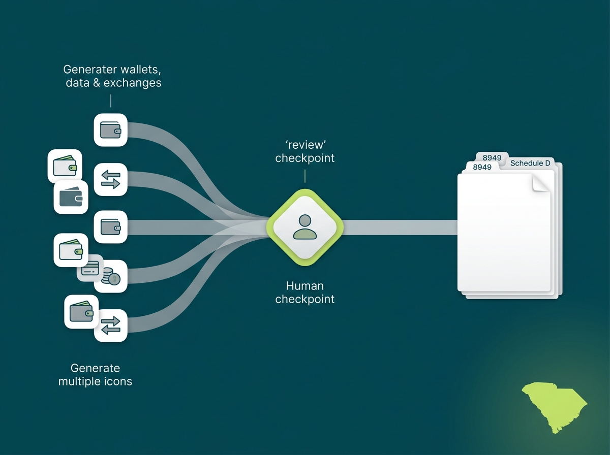 South Carolina crypto tax service specialist flow illustration