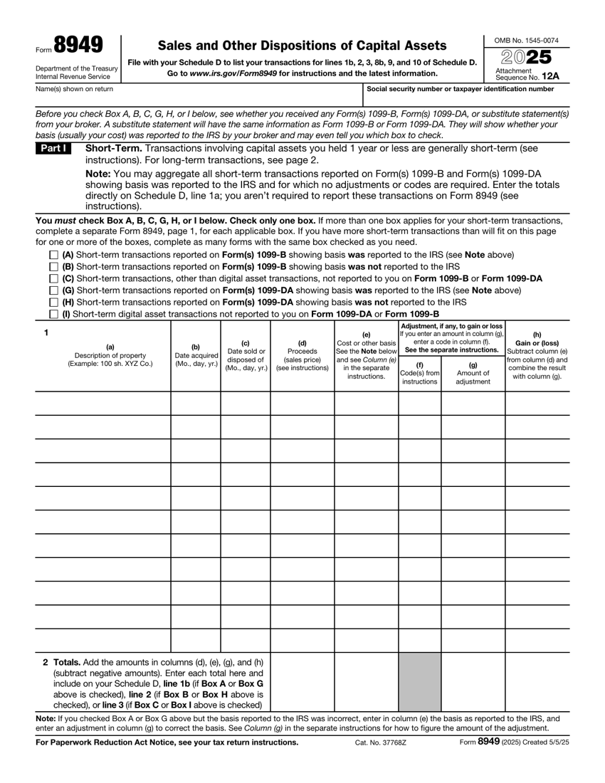 IRS Form 8949, Sales and Other Dispositions of Capital Assets