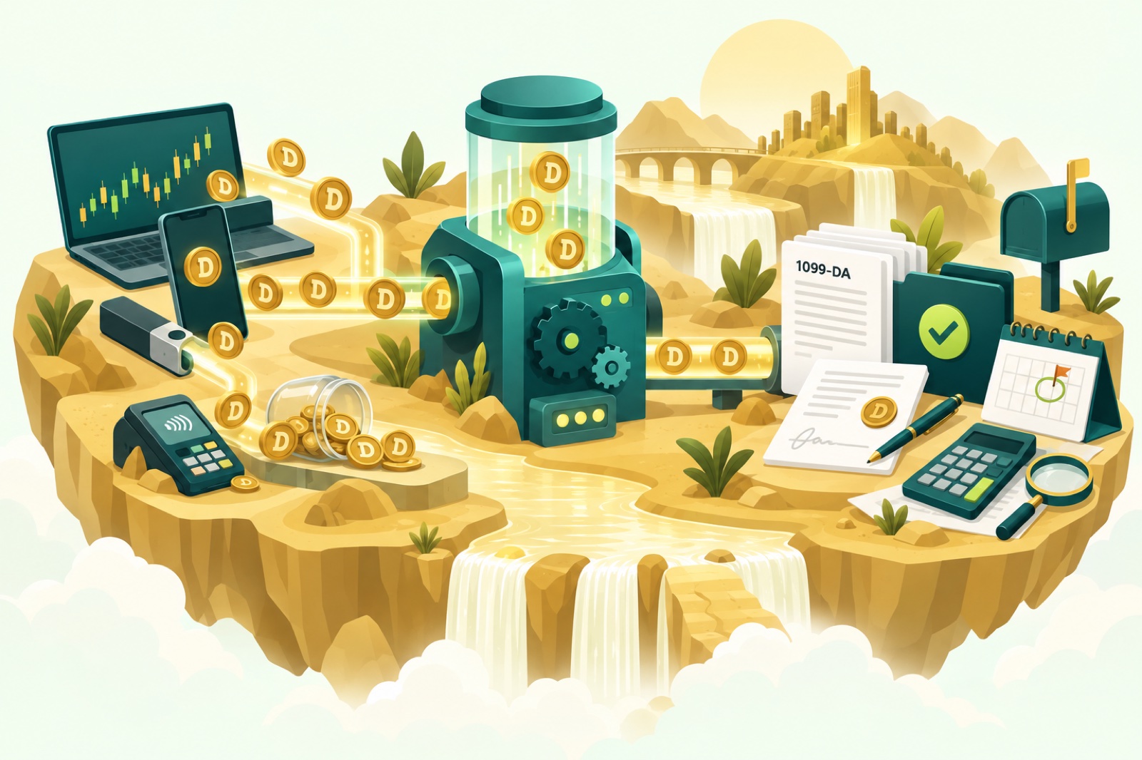 3D illustration of Dogecoin coins moving through a reconciliation engine into finished tax forms, a 1099-DA, a loan agreement and a tax calendar