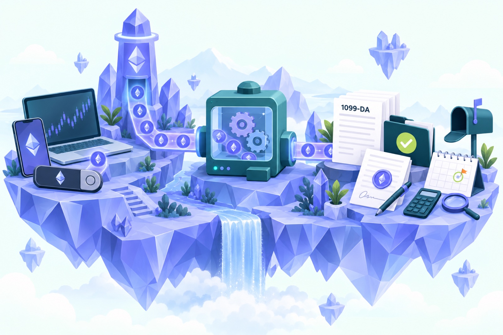 Illustration of the Ethereum coin with staking rewards, gas fees, and tax documents representing how ETH is taxed in 2026