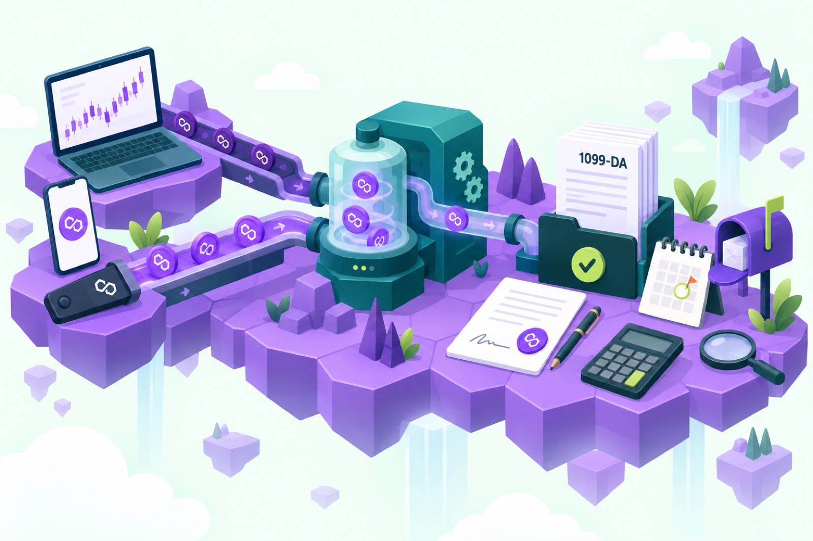 3D illustration of Polygon coins moving through a reconciliation engine into finished tax forms, a 1099-DA, a loan agreement and a tax calendar
