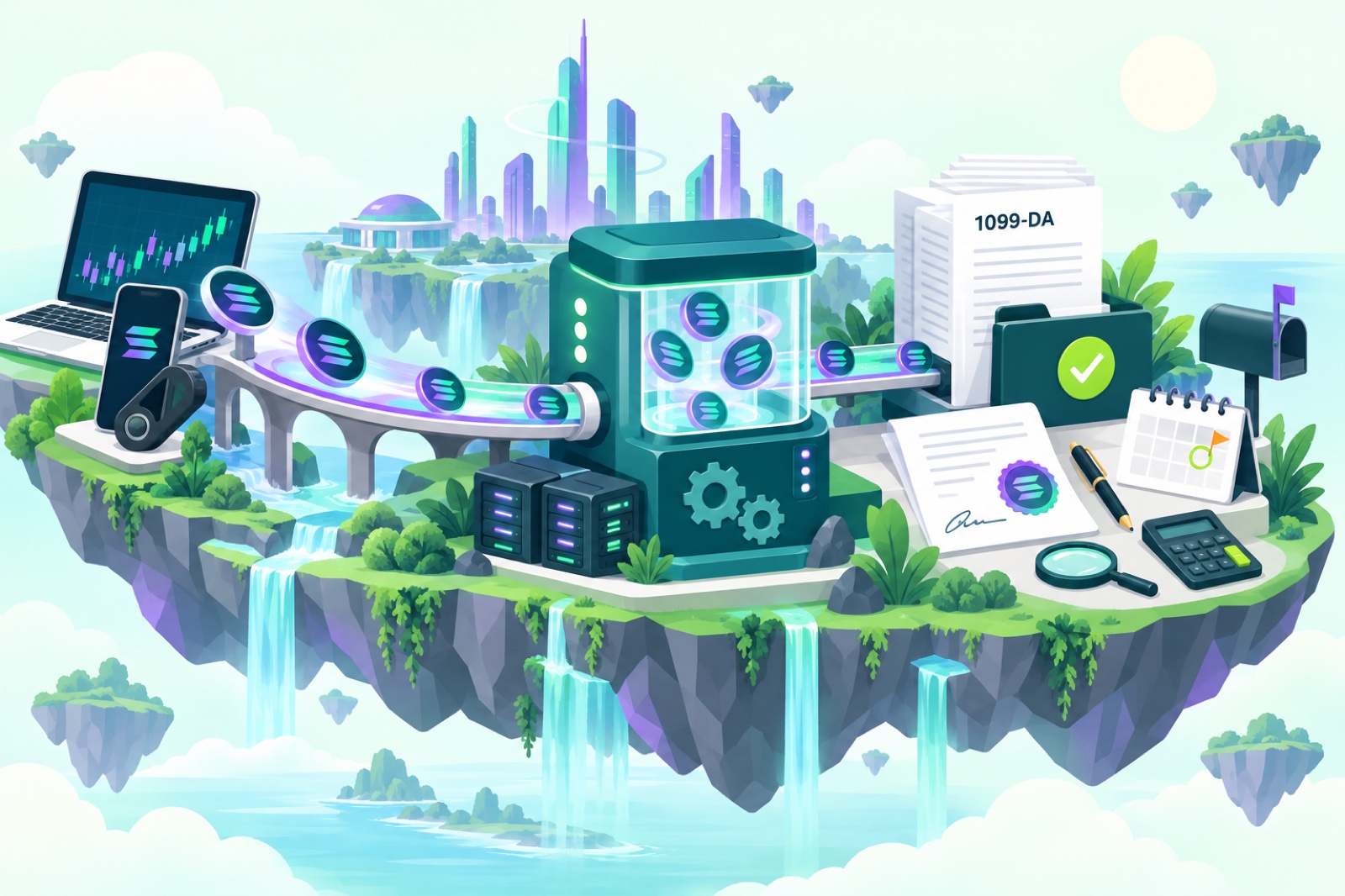 Illustration of Solana SOL coin surrounded by staking rewards, airdrops, and a tax document for the 2026 tax year
