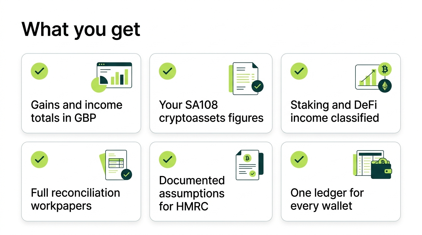 Grid of deliverables, gains and income totals, SA108 figures, classified income, workpapers, documented assumptions, one ledger
